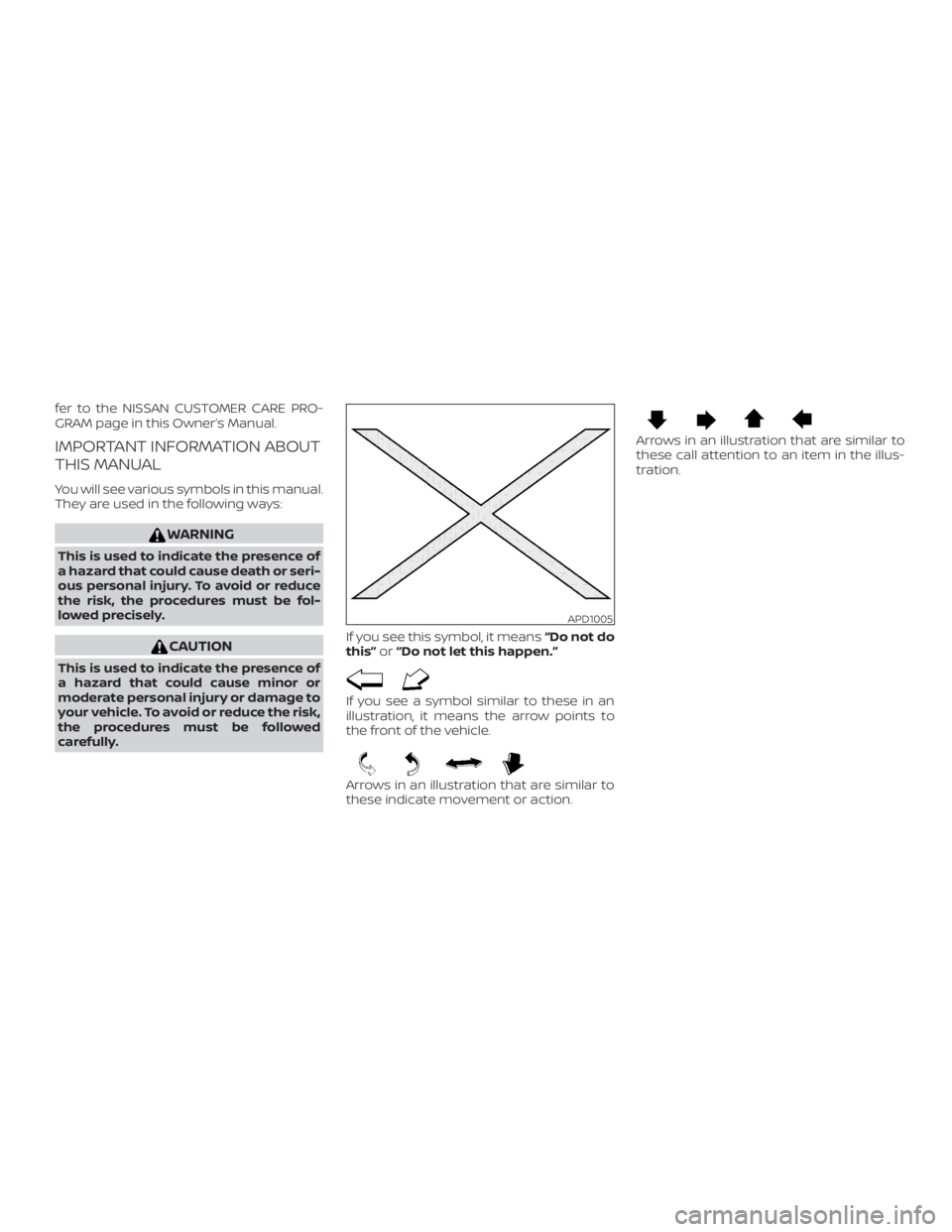 NISSAN MAXIMA PLATINUM 2018 Owners Manual fer to the NISSAN CUSTOMER CARE PRO-
GRAM page in this Owner’s Manual.
IMPORTANT INFORMATION ABOUT
THIS MANUAL
You will see various symbols in this manual.
They are used in the following ways: NISSAN MAXIMA PLATINUM 2018 Owners Manual fer to the NISSAN CUSTOMER CARE PRO-
GRAM page in this Owner’s Manual.
IMPORTANT INFORMATION ABOUT
THIS MANUAL
You will see various symbols in this manual.
They are used in the following ways: