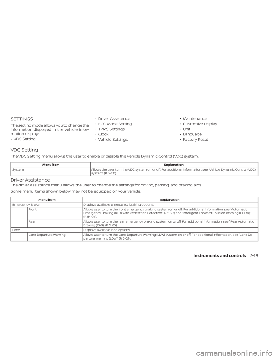 NISSAN SENTRA 2023  Owners Manual SETTINGS
The setting mode allows you to change the
information displayed in the vehicle infor-
mation display:
• VDC Setting• Driver Assistance
• ECO Mode Setting
• TPMS Settings
• Clock
•