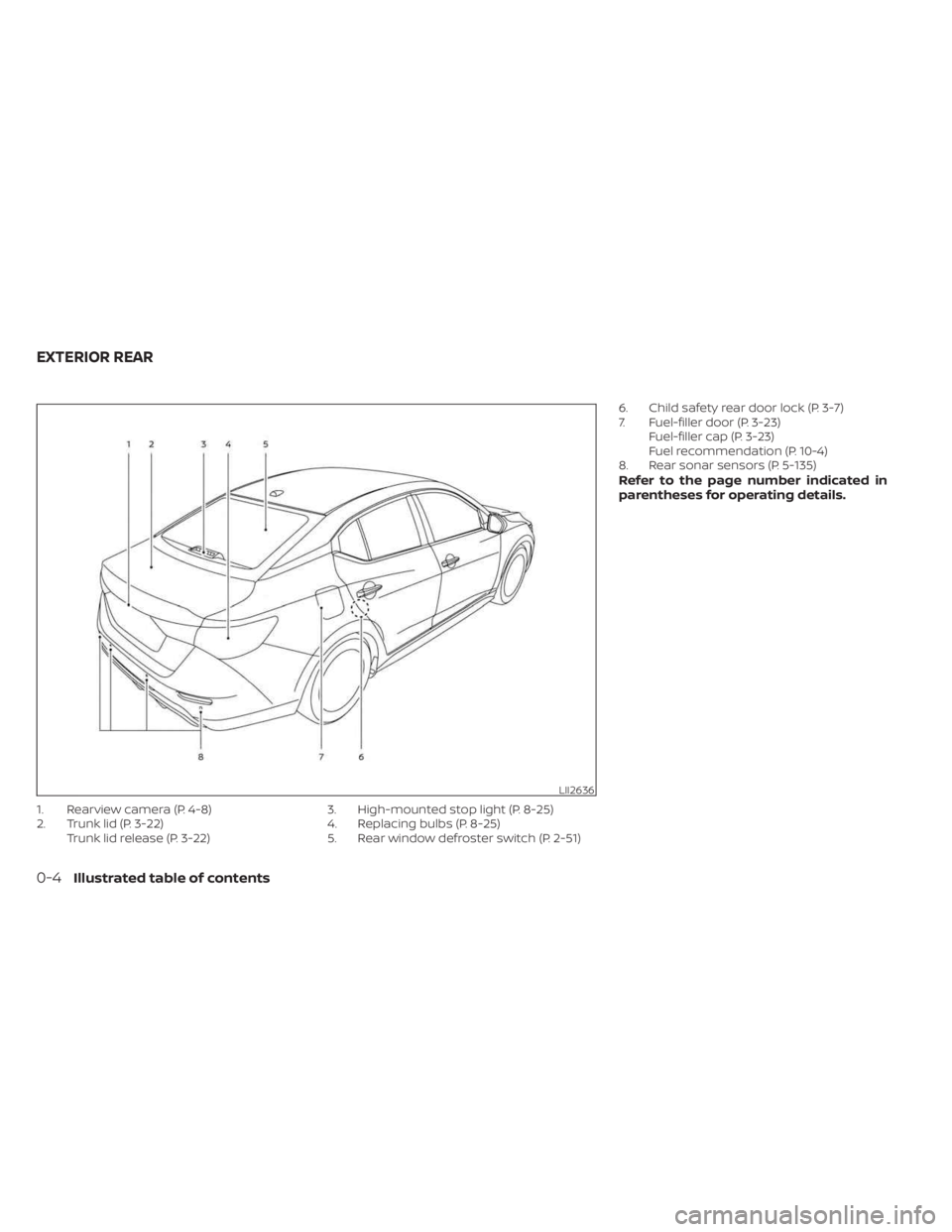 NISSAN SENTRA 2023 User Guide 1. Rearview camera (P. 4-8)
2. Trunk lid (P. 3-22)Trunk lid release (P. 3-22) 3. High-mounted stop light (P. 8-25)
4. Replacing bulbs (P. 8-25)
5. Rear window defroster switch (P. 2-51) 6. Child safet