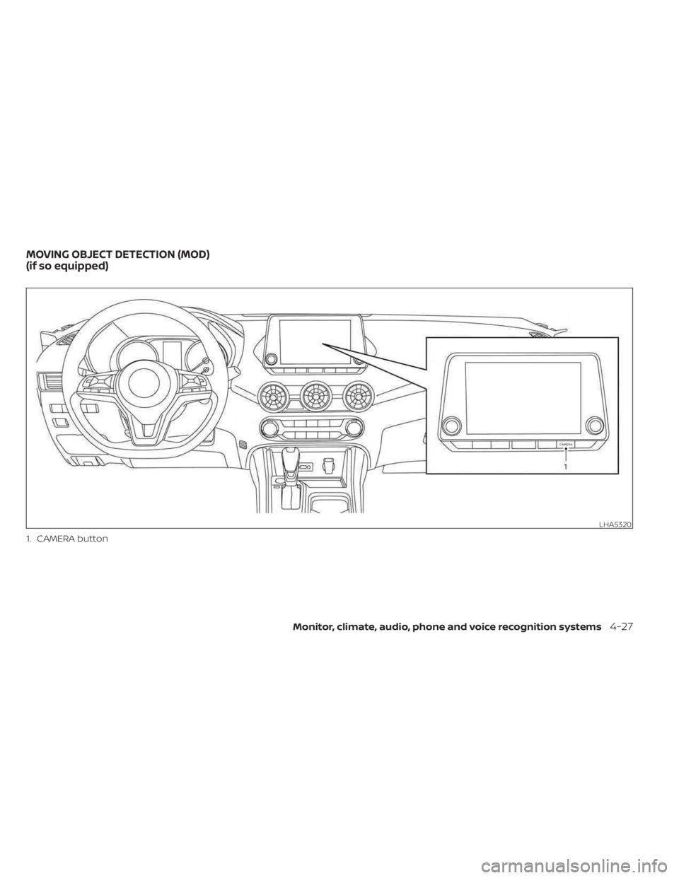 NISSAN SENTRA 2023  Owners Manual 1. CAMERA button
LHA5320
MOVING OBJECT DETECTION (MOD)
(if so equipped)
Monitor, climate, audio, phone and voice recognition systems4-27 