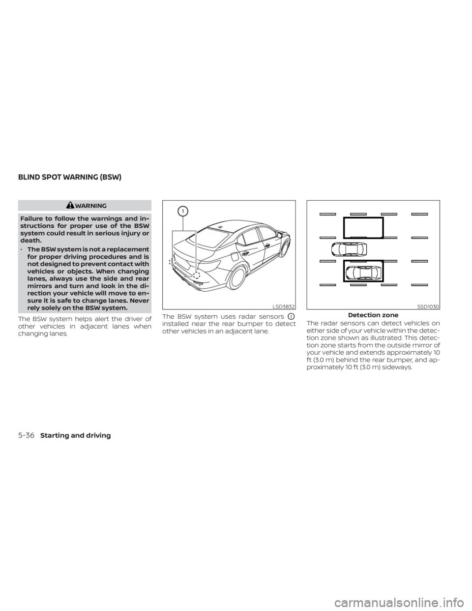 NISSAN SENTRA 2023  Owners Manual WARNING
Failure to follow the warnings and in-
structions for proper use of the BSW
system could result in serious injury or
death.
• The BSW system is not a replacement
for proper driving procedure