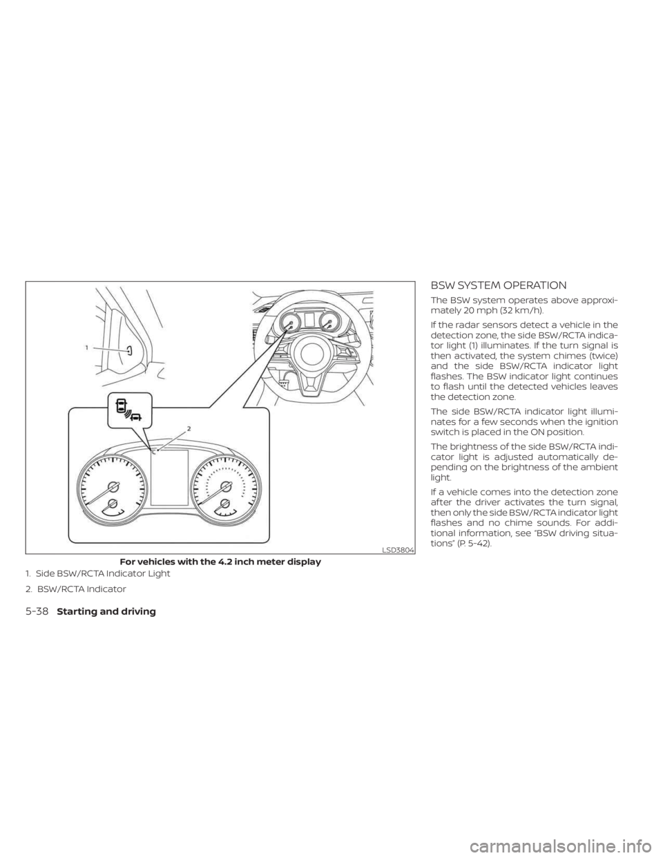 NISSAN SENTRA 2023  Owners Manual 1. Side BSW/RCTA Indicator Light
2. BSW/RCTA Indicator
BSW SYSTEM OPERATION
The BSW system operates above approxi-
mately 20 mph (32 km/h).
If the radar sensors detect a vehicle in the
detection zone,