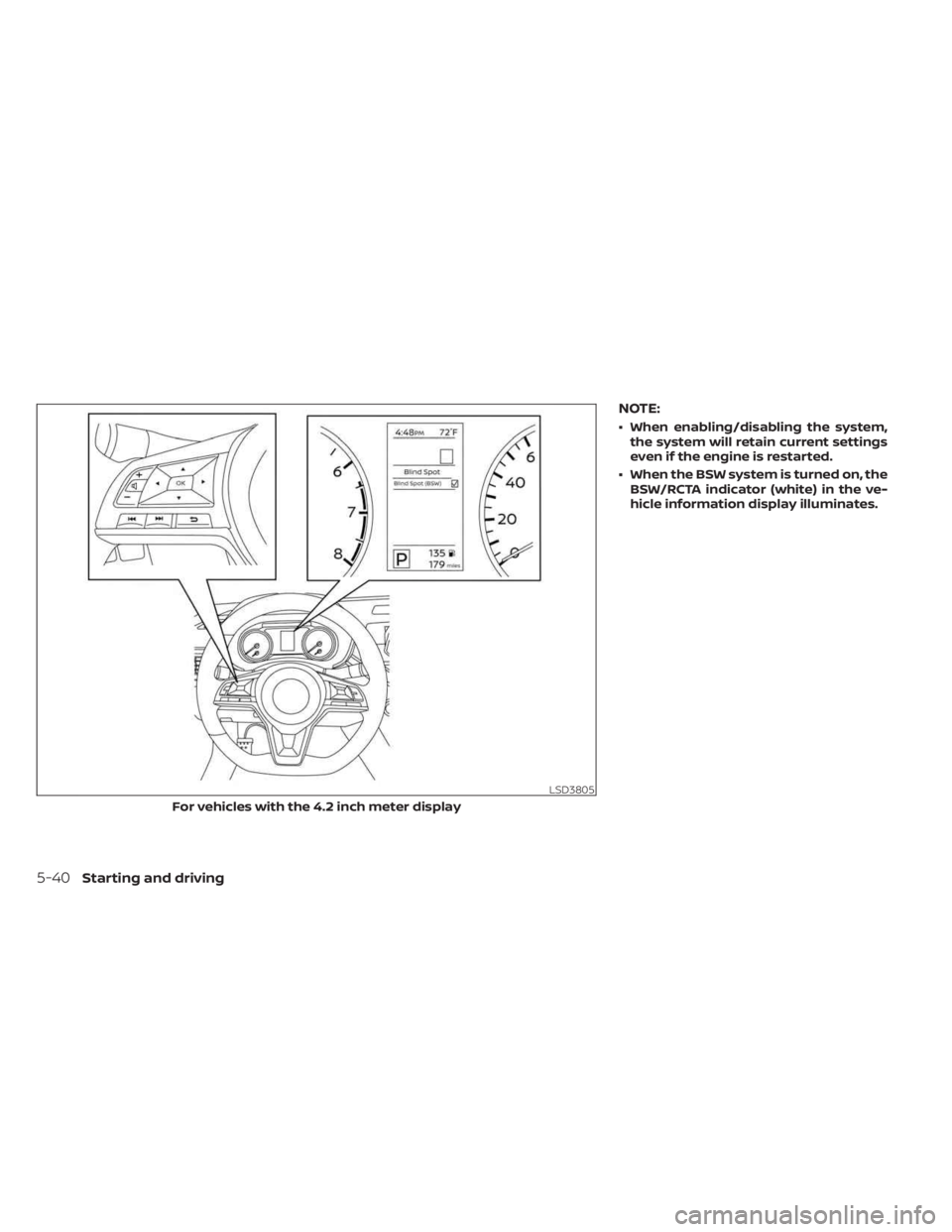NISSAN SENTRA 2023  Owners Manual NOTE:
• When enabling/disabling the system,the system will retain current settings
even if the engine is restarted.
• When the BSW system is turned on, the BSW/RCTA indicator (white) in the ve-
hi