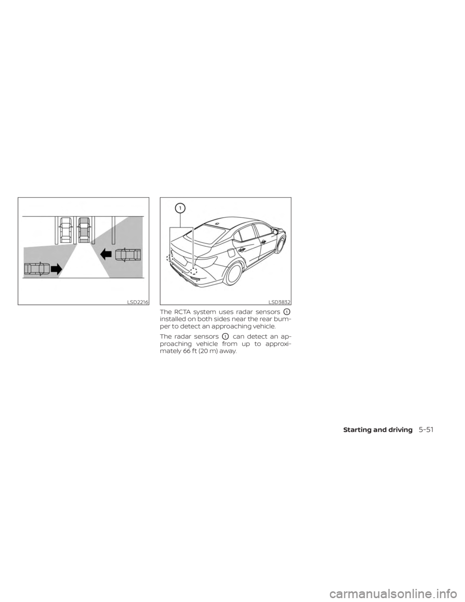NISSAN SENTRA 2023  Owners Manual The RCTA system uses radar sensorsO1
installed on both sides near the rear bum-
per to detect an approaching vehicle.
The radar sensors
O1can detect an ap-
proaching vehicle from up to approxi-
mately