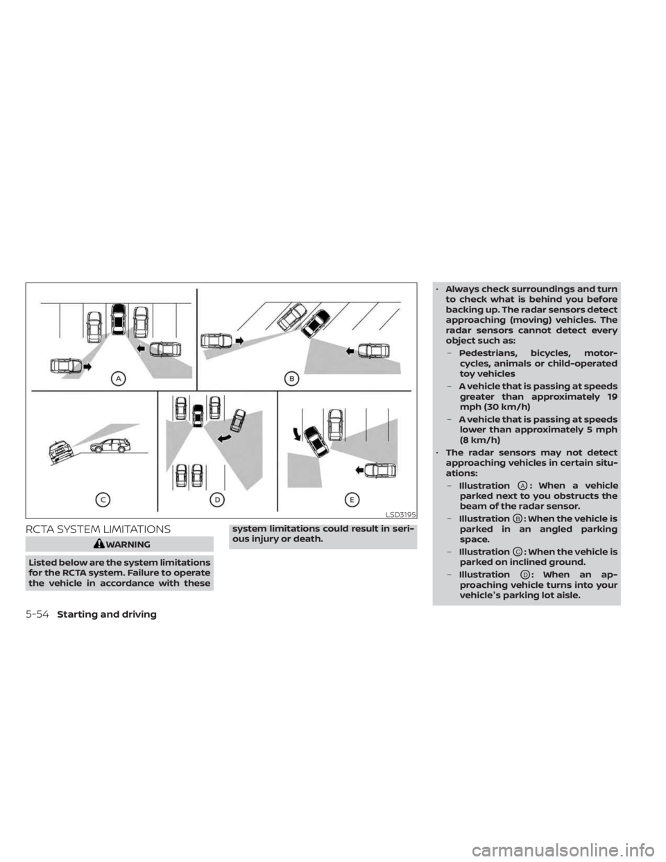 NISSAN SENTRA 2023  Owners Manual RCTA SYSTEM LIMITATIONS
WARNING
Listed below are the system limitations
for the RCTA system. Failure to operate
the vehicle in accordance with these system limitations could result in seri-
ous injury