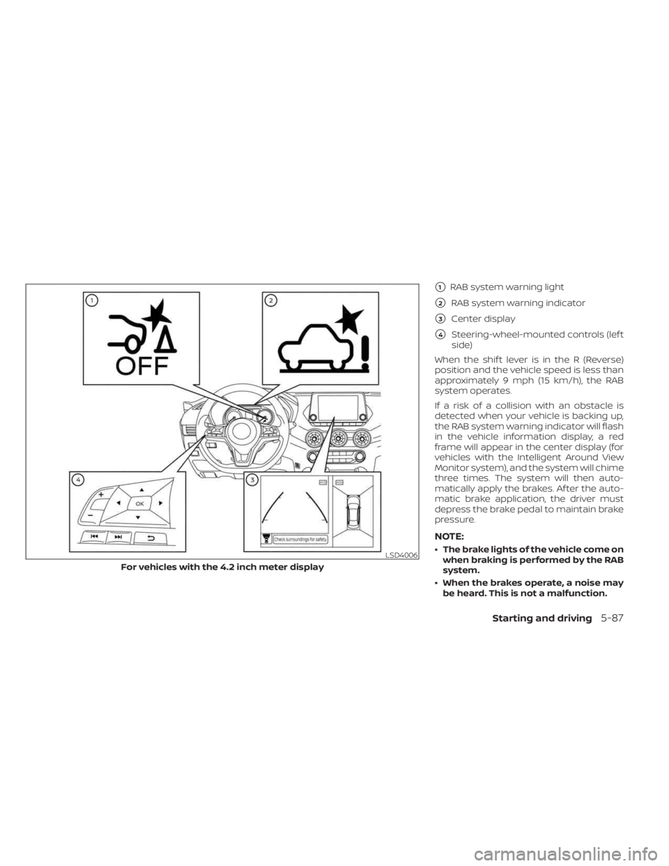 NISSAN SENTRA 2023  Owners Manual 1RAB system warning light
2RAB system warning indicator
3Center display
4Steering-wheel-mounted controls (lef t
side)
When the shif t lever is in the R (Reverse)
position and the vehicle speed is 