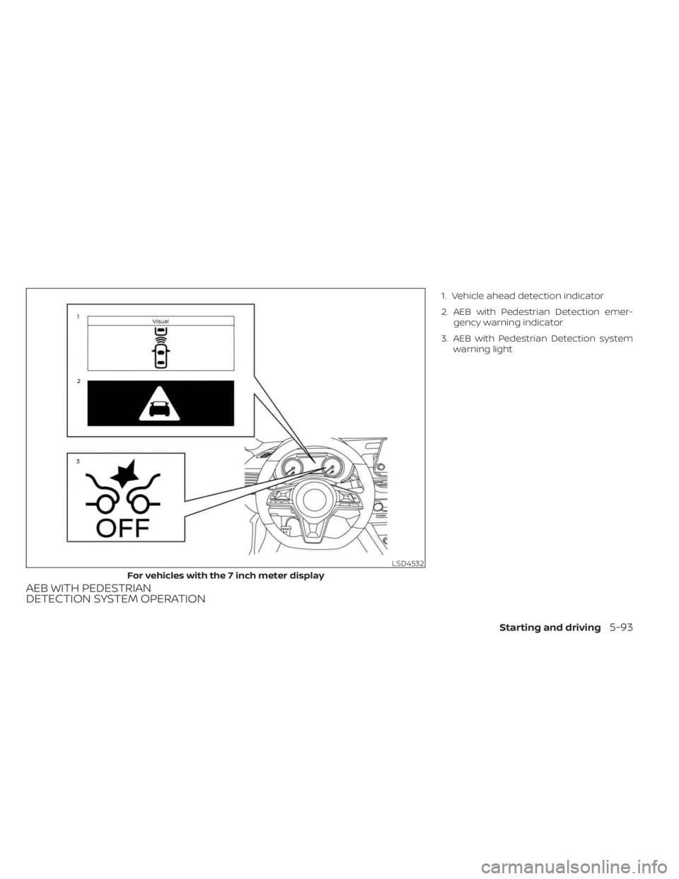 NISSAN SENTRA 2023  Owners Manual AEB WITH PEDESTRIAN
DETECTION SYSTEM OPERATION
1. Vehicle ahead detection indicator
2. AEB with Pedestrian Detection emer-gency warning indicator
3. AEB with Pedestrian Detection system warning light
