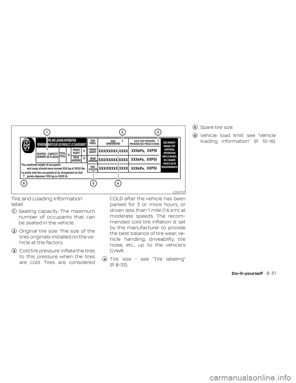 NISSAN SENTRA 2023  Owners Manual Tire and Loading Information
label
1Seating capacity: The maximum
number of occupants that can
be seated in the vehicle.
2Original tire size: The size of the
tires originally installed on the ve-
hi