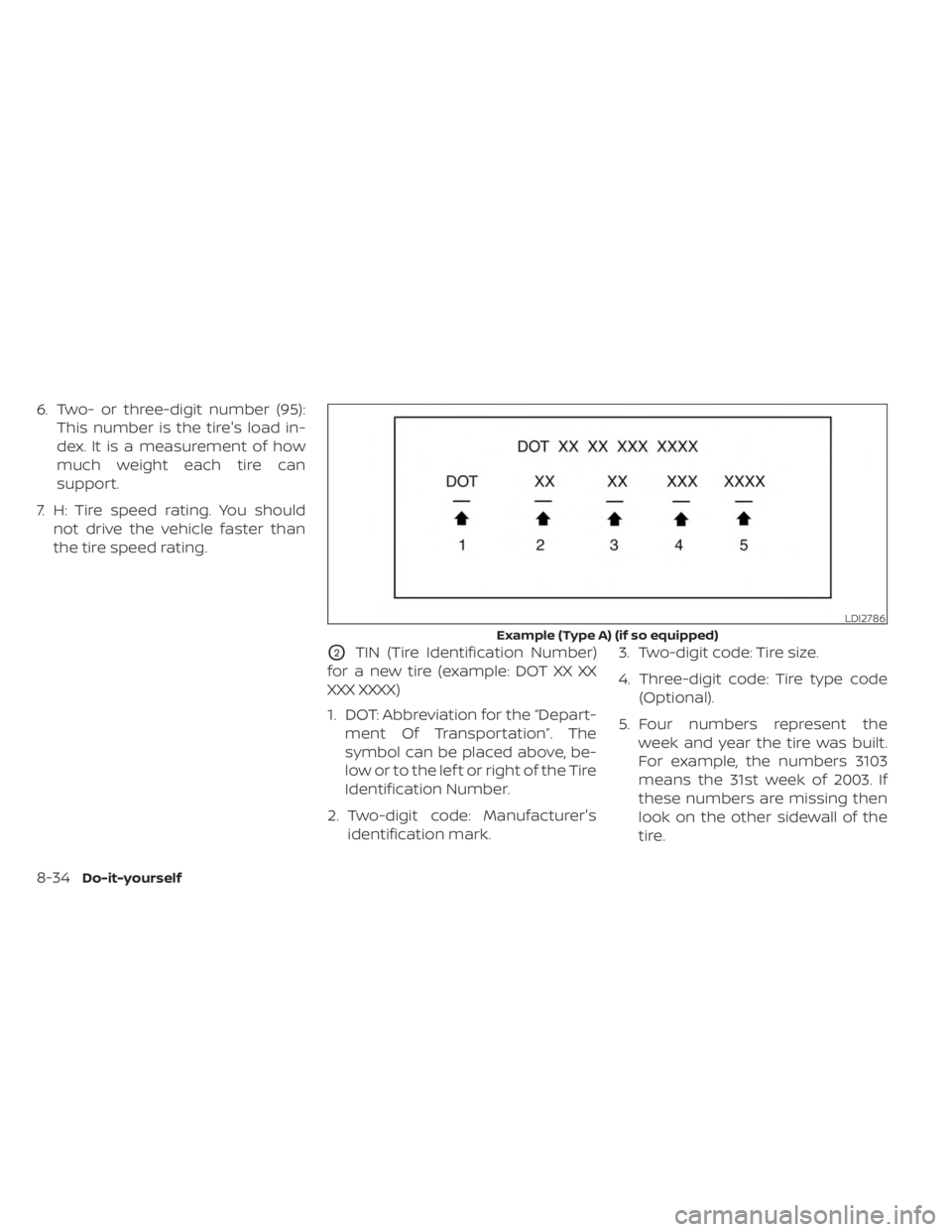 NISSAN SENTRA 2023  Owners Manual 6. Two- or three-digit number (95):This number is the tire's load in-
dex. It is a measurement of how
much weight each tire can
support.
7. H: Tire speed rating. You should not drive the vehicle f