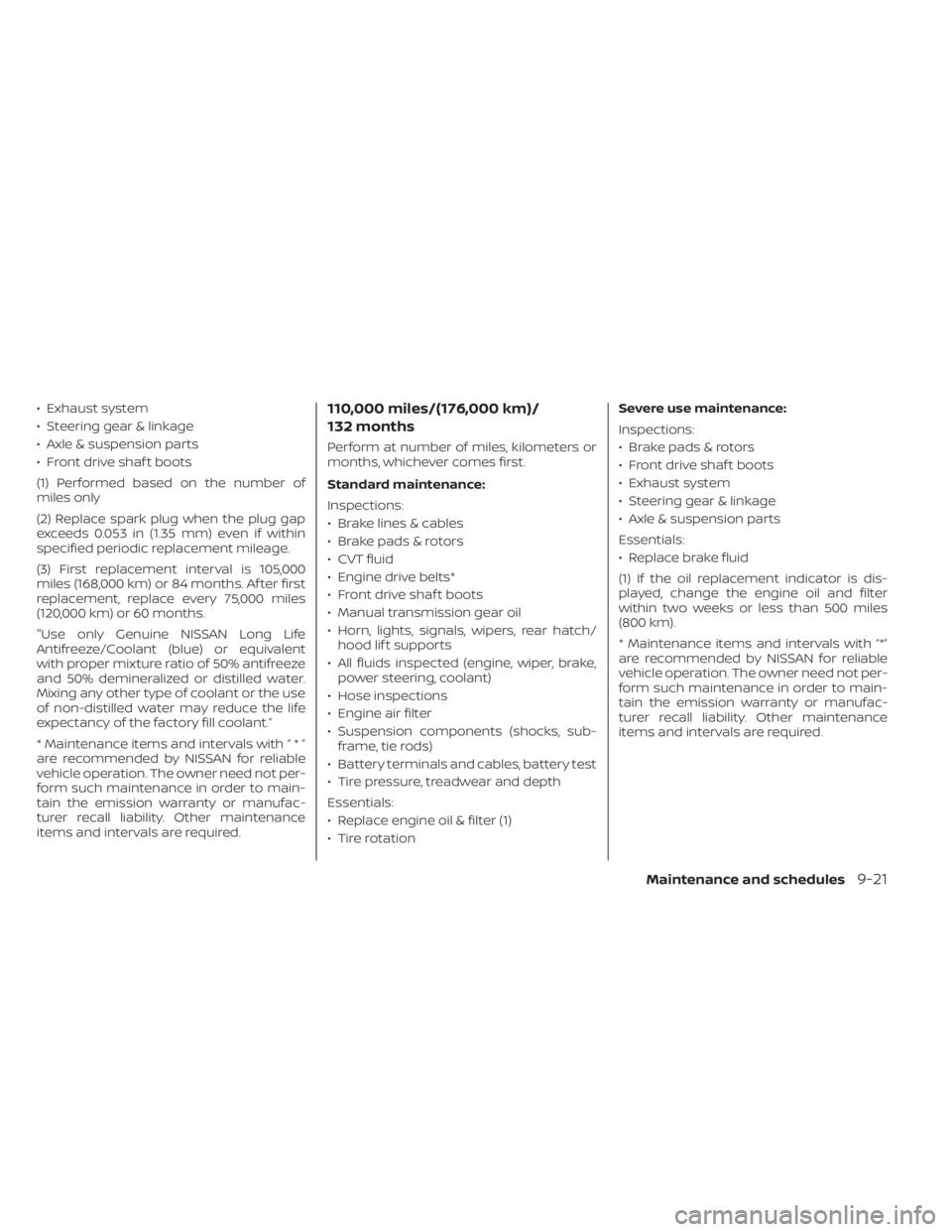 NISSAN SENTRA 2023  Owners Manual • Exhaust system
• Steering gear & linkage
• Axle & suspension parts
• Front drive shaf t boots
(1) Performed based on the number of
miles only
(2) Replace spark plug when the plug gap
exceeds
