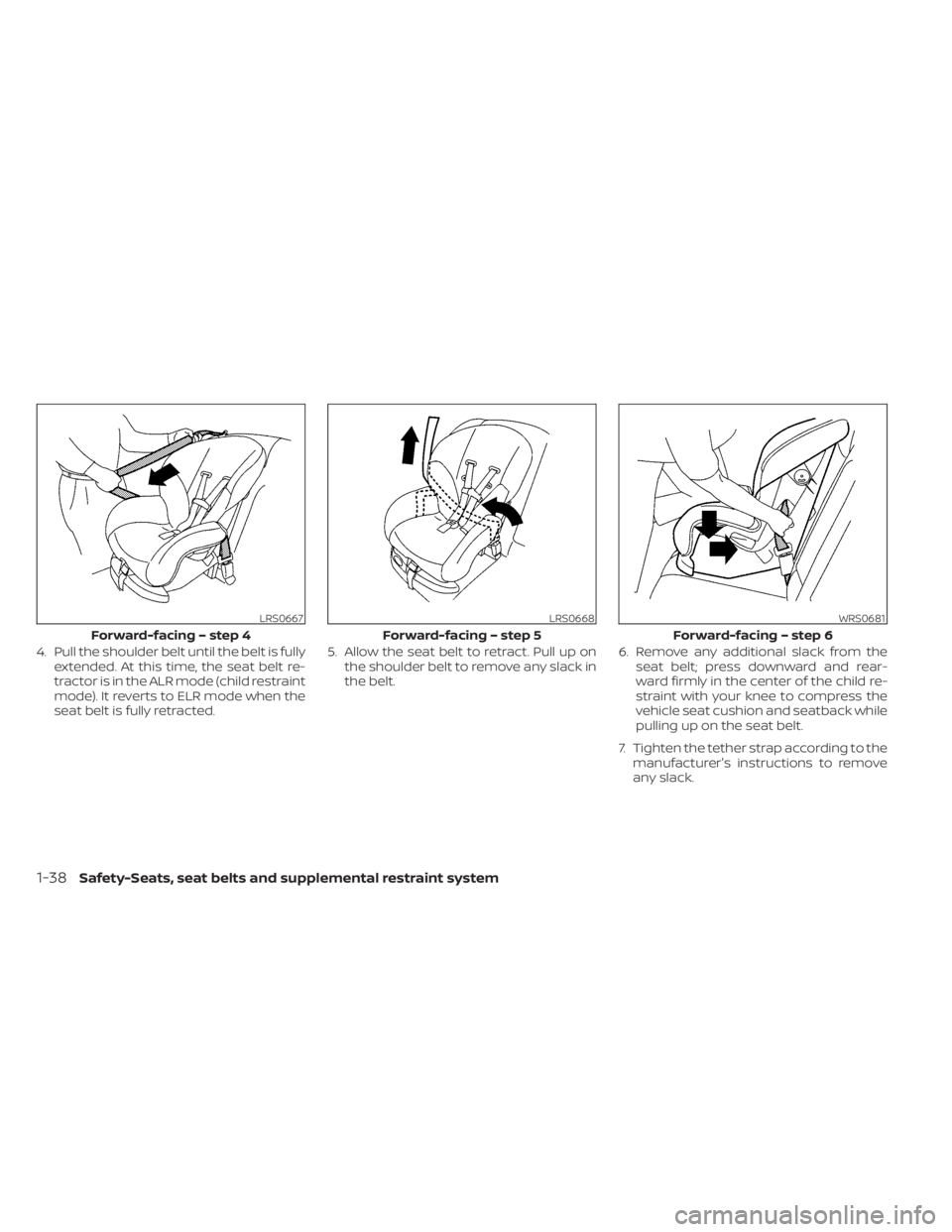 NISSAN SENTRA 2023  Owners Manual 4. Pull the shoulder belt until the belt is fullyextended. At this time, the seat belt re-
tractor is in the ALR mode (child restraint
mode). It reverts to ELR mode when the
seat belt is fully retract