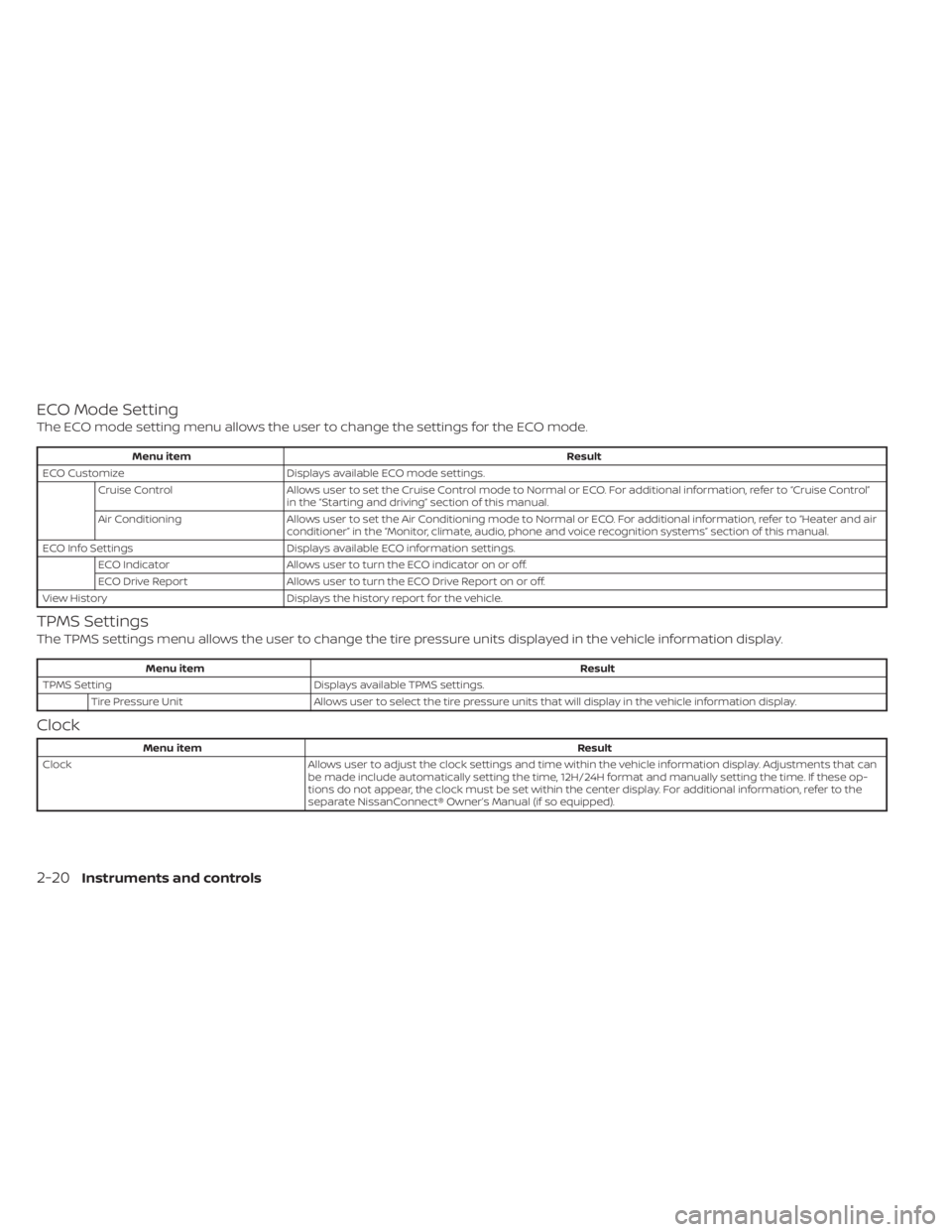 NISSAN SENTRA 2021  Owners Manual ECO Mode Setting
The ECO mode setting menu allows the user to change the settings for the ECO mode. 