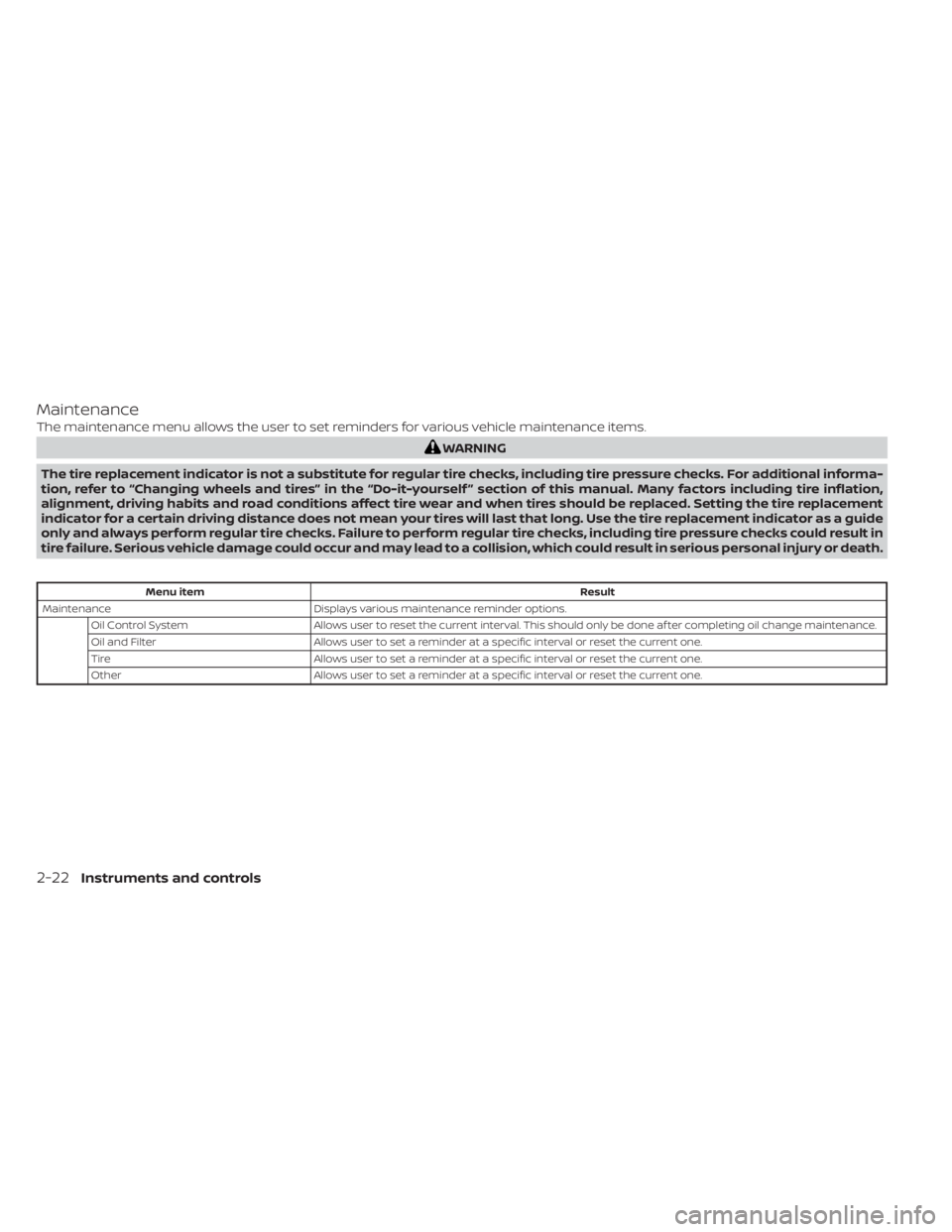 NISSAN SENTRA 2021  Owners Manual Maintenance
The maintenance menu allows the user to set reminders for various vehicle maintenance items.
Menu itemResult
Maintenance Displays various maintenance reminder options.
Oil Control System A