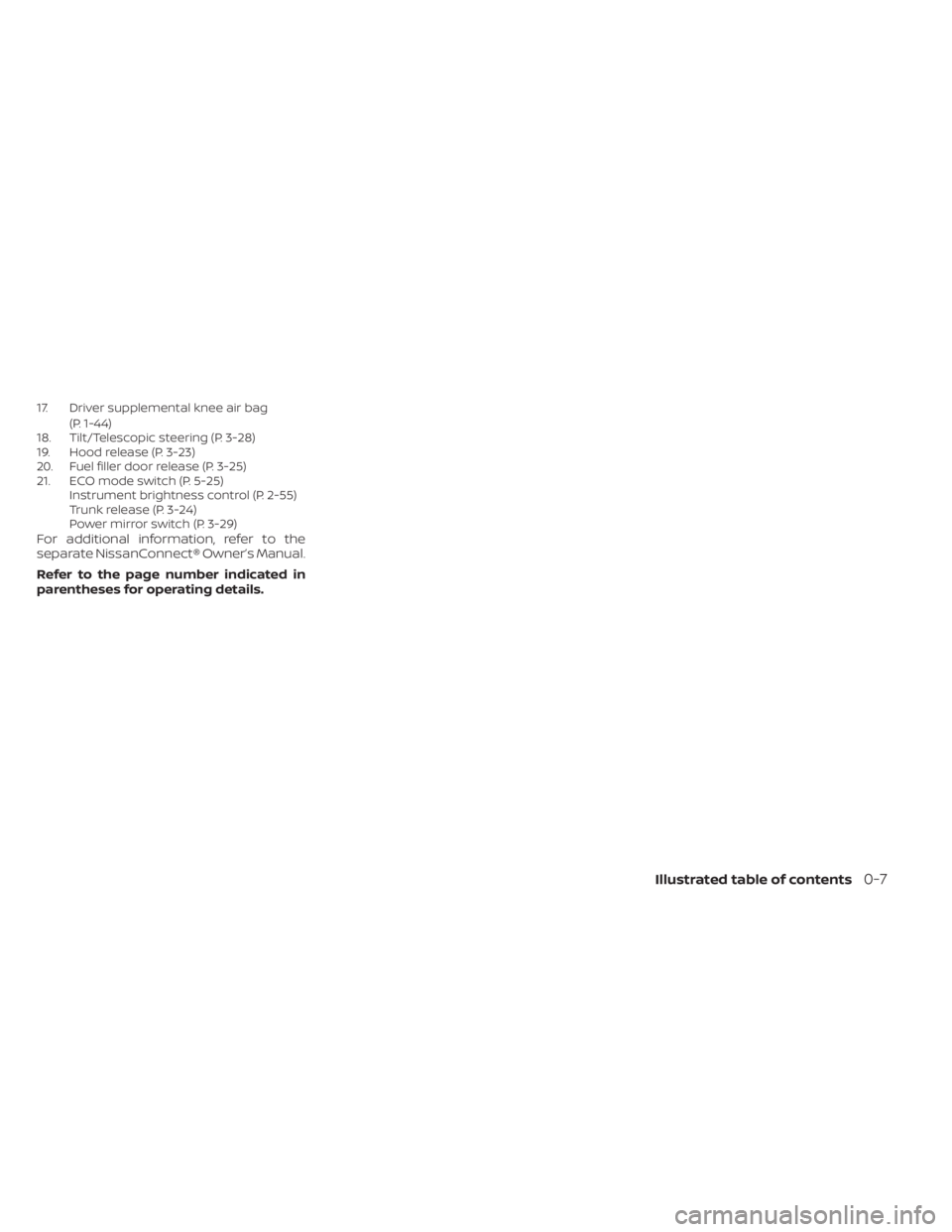 NISSAN SENTRA 2021 User Guide 17. Driver supplemental knee air bag(P. 1-44)
18. Tilt/Telescopic steering (P. 3-28)
19. Hood release (P. 3-23)
20. Fuel filler door release (P. 3-25)
21. ECO mode switch (P. 5-25) Instrument brightne