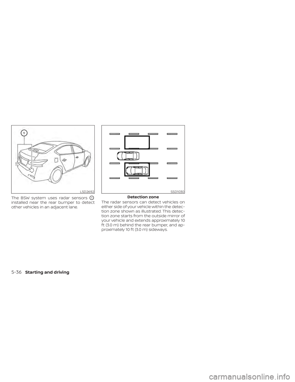 NISSAN SENTRA 2021  Owners Manual The BSW system uses radar sensorsO1
installed near the rear bumper to detect
other vehicles in an adjacent lane.The radar sensors can detect vehicles on
either side of your vehicle within the detec-
t