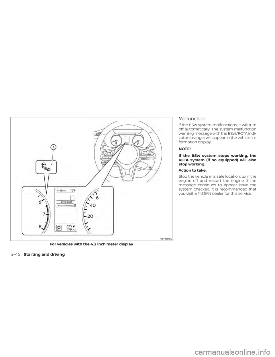 NISSAN SENTRA 2021  Owners Manual Malfunction
If the BSW system malfunctions, it will turn
off automatically. The system malfunction
warning message with the BSW/RCTA indi-
cator (orange) will appear in the vehicle in-
formation displ