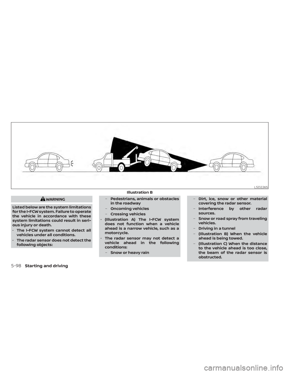 NISSAN SENTRA 2021  Owners Manual WARNING
Listed below are the system limitations
for the I-FCW system. Failure to operate
the vehicle in accordance with these
system limitations could result in seri-
ous injury or death.
• The I-FC