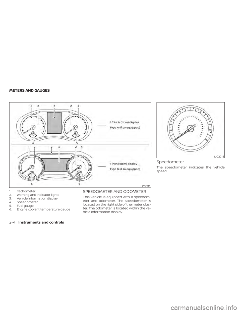 NISSAN SENTRA 2021 Owners Manual 1. Tachometer
2. Warning and indicator lights
3. Vehicle information display
4. Speedometer
5. Fuel gauge
6. Engine coolant temperature gaugeSPEEDOMETER AND ODOMETER
This vehicle is equipped with a sp NISSAN SENTRA 2021 Owners Manual 1. Tachometer
2. Warning and indicator lights
3. Vehicle information display
4. Speedometer
5. Fuel gauge
6. Engine coolant temperature gaugeSPEEDOMETER AND ODOMETER
This vehicle is equipped with a sp