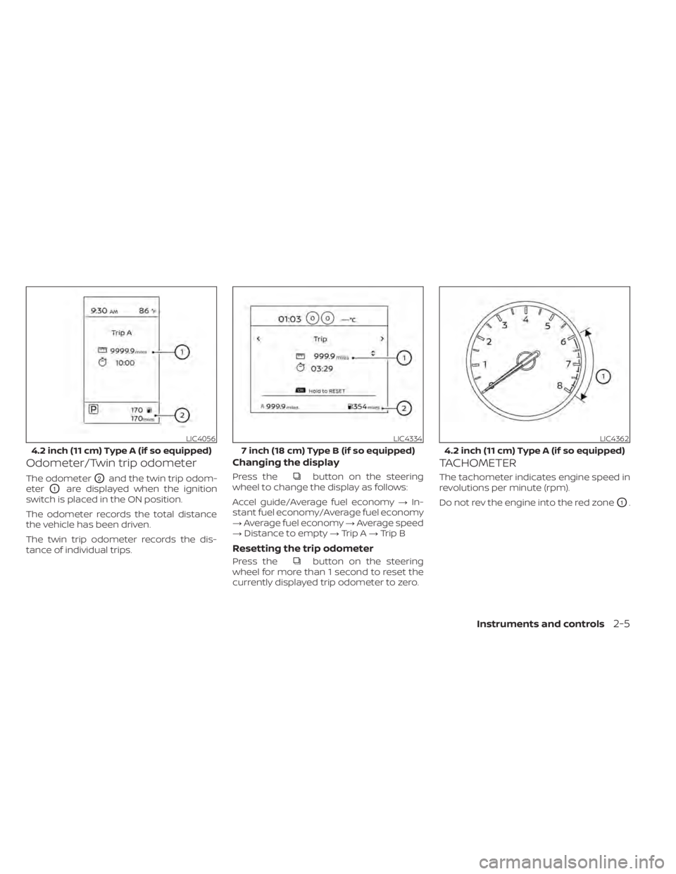 NISSAN SENTRA 2021  Owners Manual Odometer/Twin trip odometer
The odometerO2and the twin trip odom-
eter
O1are displayed when the ignition
switch is placed in the ON position.
The odometer records the total distance
the vehicle has be