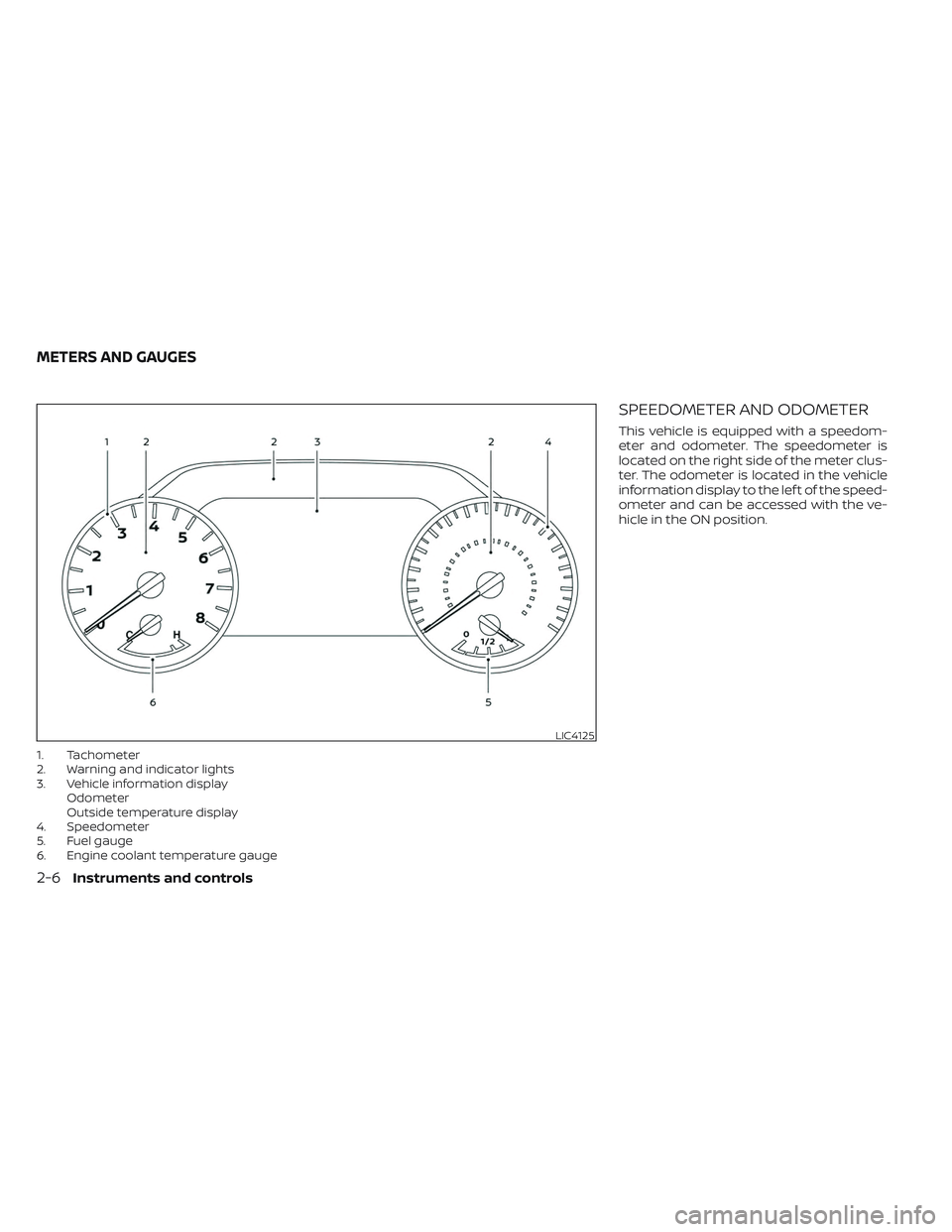 NISSAN TITAN 2023 Owners Manual 1. Tachometer
2. Warning and indicator lights
3. Vehicle information displayOdometer
Outside temperature display
4. Speedometer
5. Fuel gauge
6. Engine coolant temperature gauge
SPEEDOMETER AND ODOMET NISSAN TITAN 2023 Owners Manual 1. Tachometer
2. Warning and indicator lights
3. Vehicle information displayOdometer
Outside temperature display
4. Speedometer
5. Fuel gauge
6. Engine coolant temperature gauge
SPEEDOMETER AND ODOMET