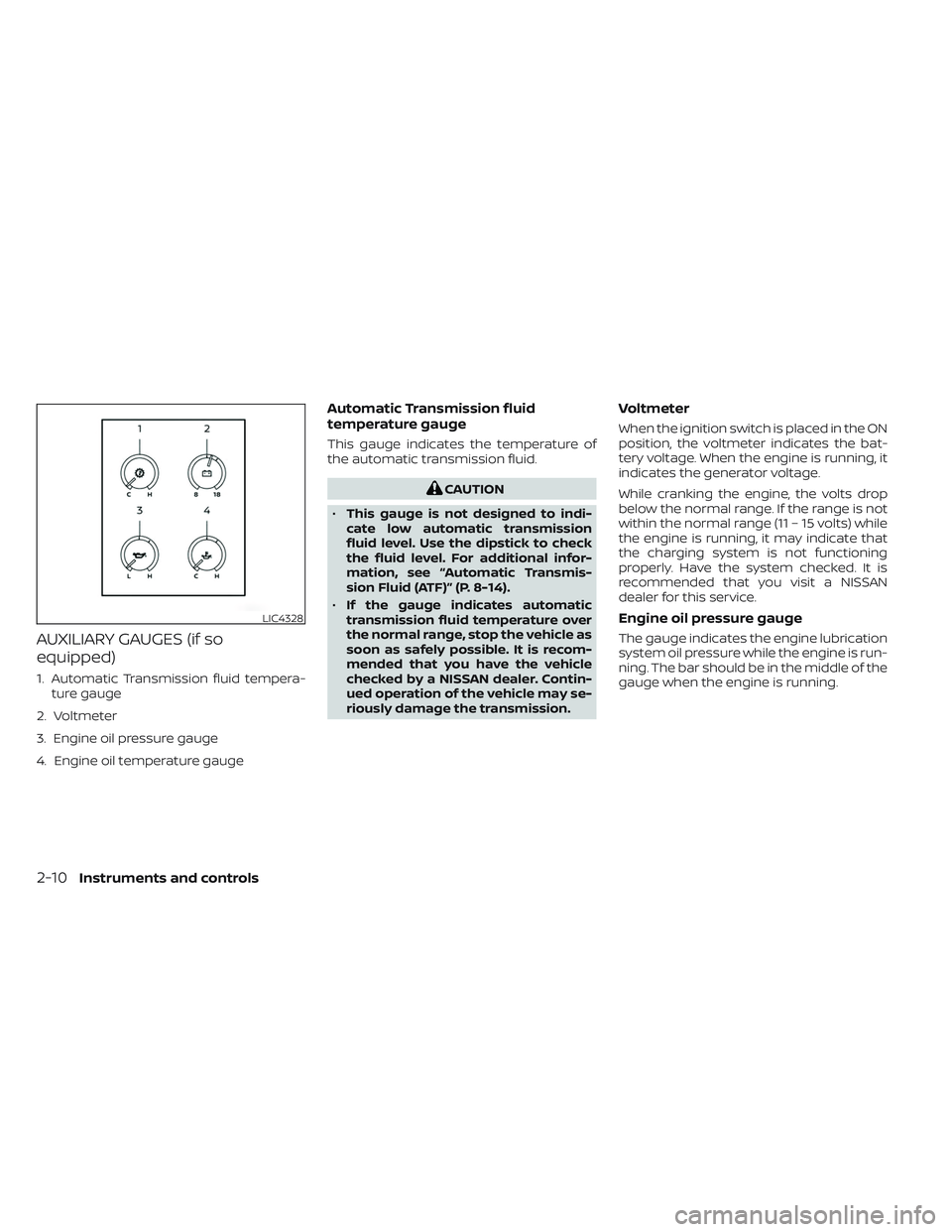 NISSAN TITAN 2023  Owners Manual AUXILIARY GAUGES (if so
equipped)
1. Automatic Transmission fluid tempera-ture gauge
2. Voltmeter
3. Engine oil pressure gauge
4. Engine oil temperature gauge
Automatic Transmission fluid
temperature 
