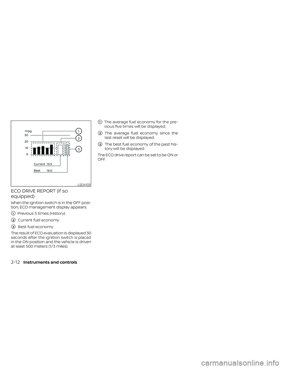 NISSAN TITAN 2023  Owners Manual ECO DRIVE REPORT (if so
equipped)
When the ignition switch is in the OFF posi-
tion, ECO management display appears.
1Previous 5 times (History)
2Current fuel economy
3Best fuel economy
The result 