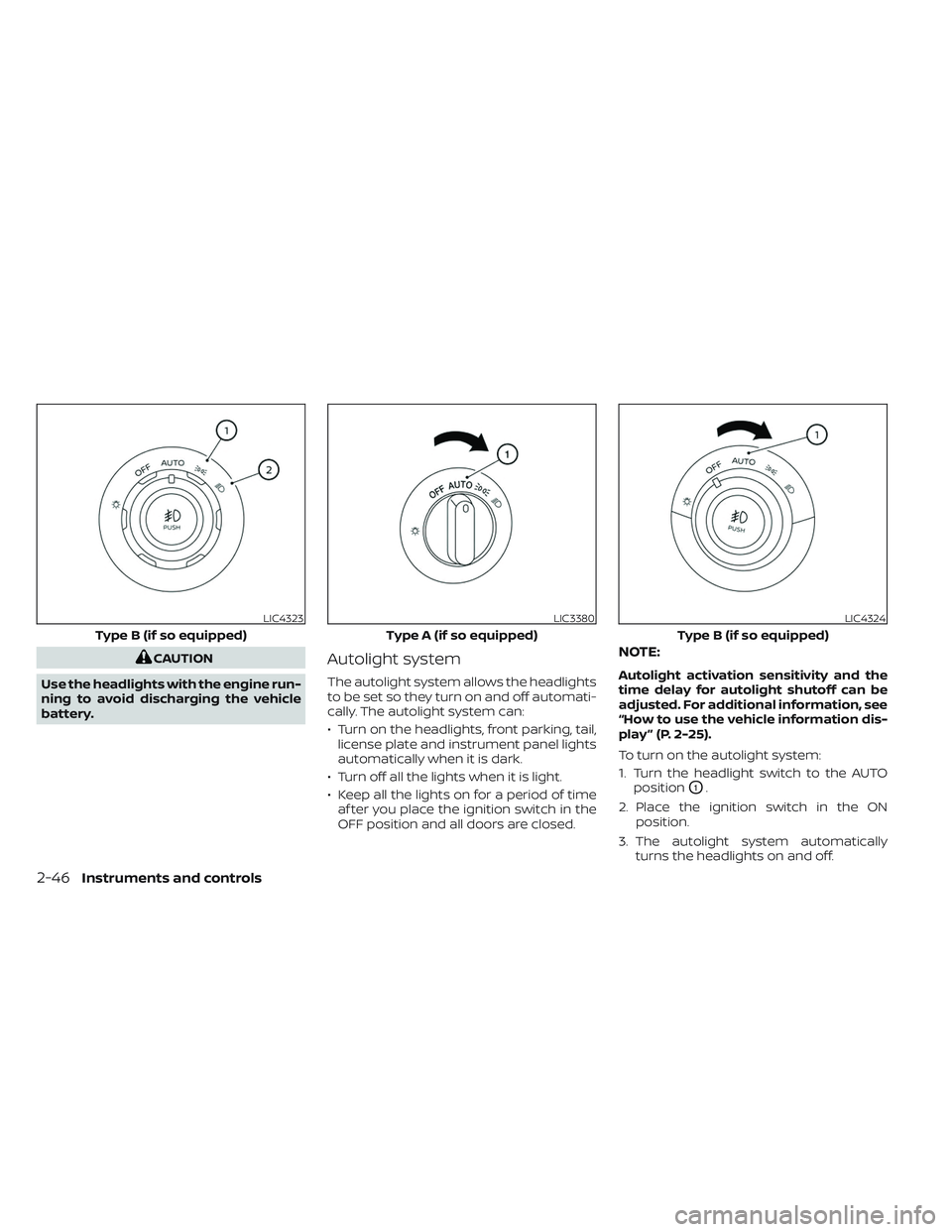 NISSAN TITAN 2023 Owners Manual CAUTION
Use the headlights with the engine run-
ning to avoid discharging the vehicle
battery.Autolight system
The autolight system allows the headlights
to be set so they turn on and off automati-
ca NISSAN TITAN 2023 Owners Manual CAUTION
Use the headlights with the engine run-
ning to avoid discharging the vehicle
battery.Autolight system
The autolight system allows the headlights
to be set so they turn on and off automati-
ca