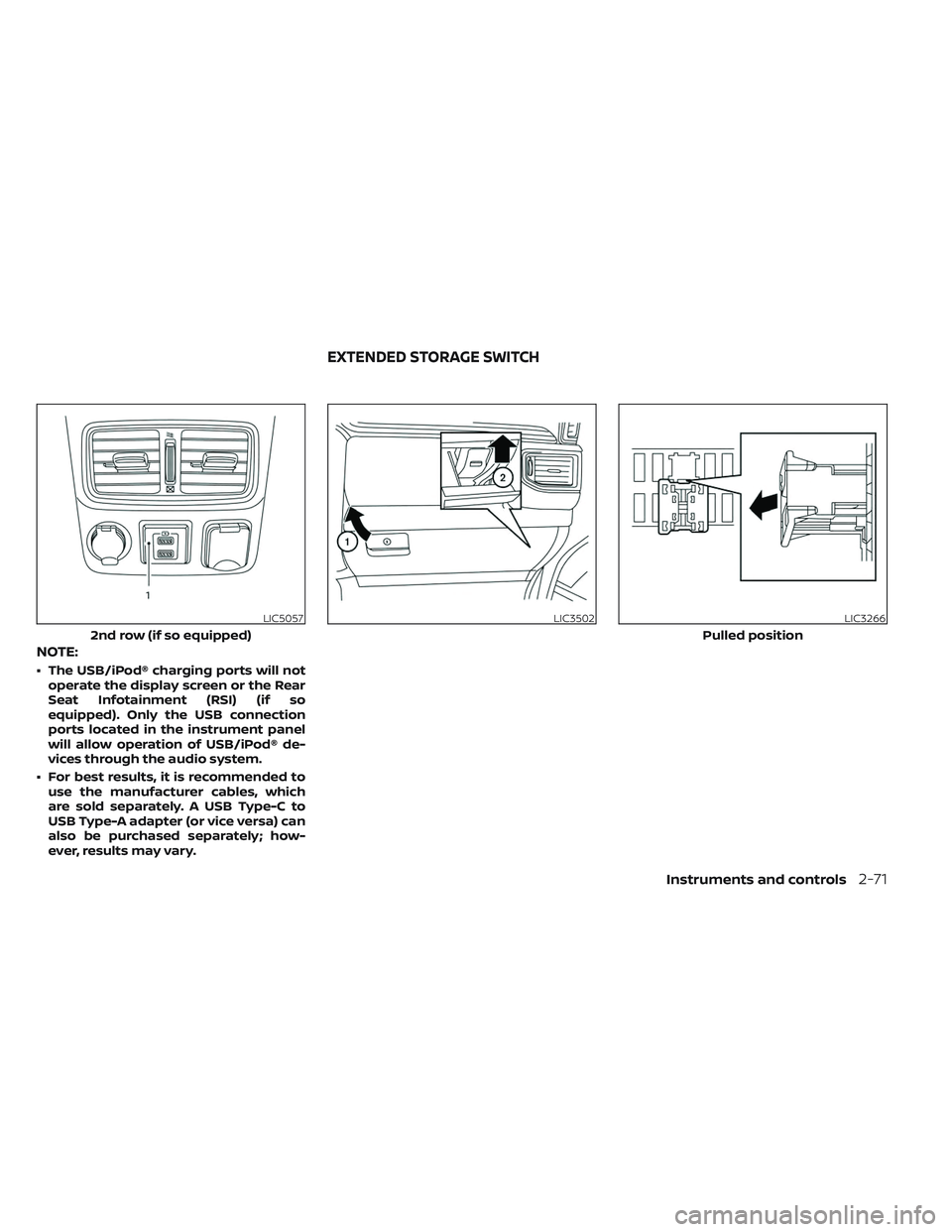 NISSAN TITAN 2023 Owners Manual NOTE:
• The USB/iPod® charging ports will notoperate the display screen or the Rear
Seat Infotainment (RSI) (if so
equipped). Only the USB connection
ports located in the instrument panel
will allo NISSAN TITAN 2023 Owners Manual NOTE:
• The USB/iPod® charging ports will notoperate the display screen or the Rear
Seat Infotainment (RSI) (if so
equipped). Only the USB connection
ports located in the instrument panel
will allo