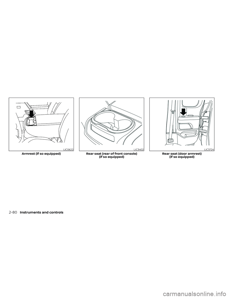 NISSAN TITAN 2023 Owners Manual LIC0622
Armrest (if so equipped)
LIC3402
Rear seat (rear of front console)(if so equipped)
LIC3724
Rear seat (door armrest)(if so equipped)
2-80Instruments and controls NISSAN TITAN 2023 Owners Manual LIC0622
Armrest (if so equipped)
LIC3402
Rear seat (rear of front console)(if so equipped)
LIC3724
Rear seat (door armrest)(if so equipped)
2-80Instruments and controls