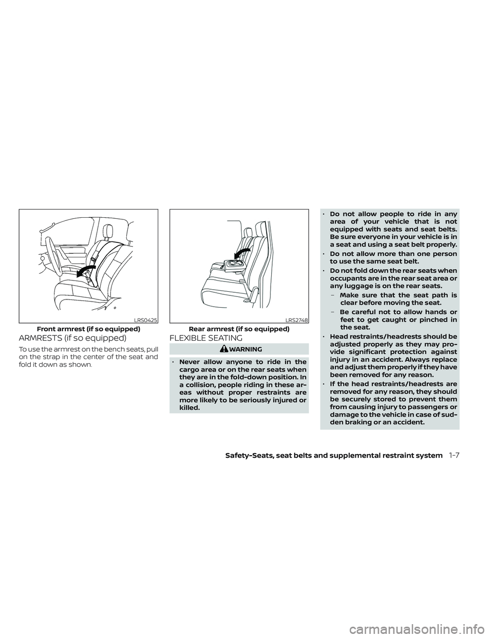 NISSAN TITAN 2023 Owners Manual ARMRESTS (if so equipped)
To use the armrest on the bench seats, pull
on the strap in the center of the seat and
fold it down as shown.
FLEXIBLE SEATING
WARNING
• Never allow anyone to ride in the
c NISSAN TITAN 2023 Owners Manual ARMRESTS (if so equipped)
To use the armrest on the bench seats, pull
on the strap in the center of the seat and
fold it down as shown.
FLEXIBLE SEATING
WARNING
• Never allow anyone to ride in the
c