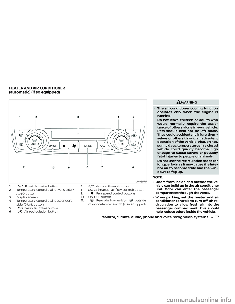 NISSAN TITAN 2023 Owners Manual 1.Front defroster button
2. Temperature control dial (driver’s side)/
AUTO button
3. Display screen
4. Temperature control dial (passenger’s
side)/DUAL button
5.
Fresh air intake button
6.Air reci NISSAN TITAN 2023 Owners Manual 1.Front defroster button
2. Temperature control dial (driver’s side)/
AUTO button
3. Display screen
4. Temperature control dial (passenger’s
side)/DUAL button
5.
Fresh air intake button
6.Air reci