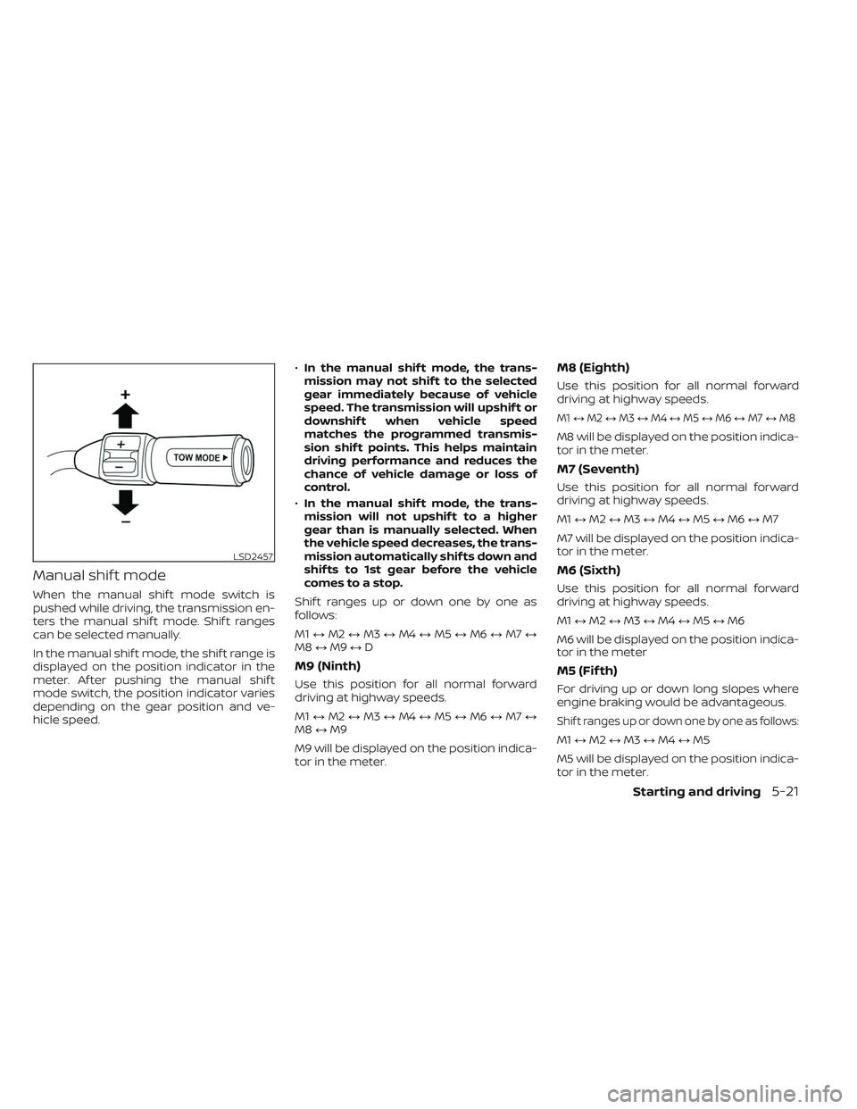 NISSAN TITAN 2023 Owners Manual Manual shif t mode
When the manual shif t mode switch is
pushed while driving, the transmission en-
ters the manual shif t mode. Shif t ranges
can be selected manually.
In the manual shif t mode, the NISSAN TITAN 2023 Owners Manual Manual shif t mode
When the manual shif t mode switch is
pushed while driving, the transmission en-
ters the manual shif t mode. Shif t ranges
can be selected manually.
In the manual shif t mode, the