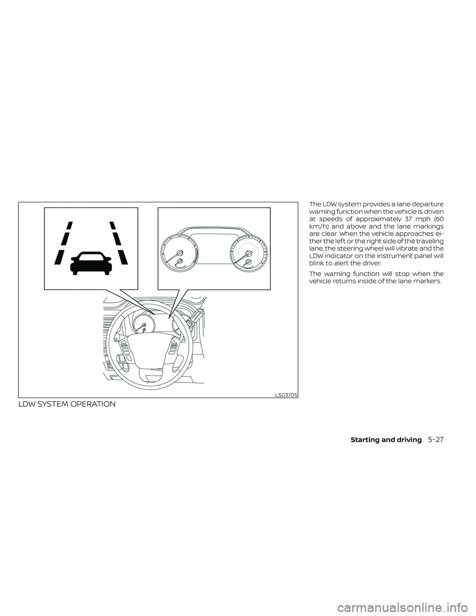 NISSAN TITAN 2023 Owners Manual LDW SYSTEM OPERATION
The LDW system provides a lane departure
warning function when the vehicle is driven
at speeds of approximately 37 mph (60
km/h) and above and the lane markings
are clear. When th NISSAN TITAN 2023 Owners Manual LDW SYSTEM OPERATION
The LDW system provides a lane departure
warning function when the vehicle is driven
at speeds of approximately 37 mph (60
km/h) and above and the lane markings
are clear. When th