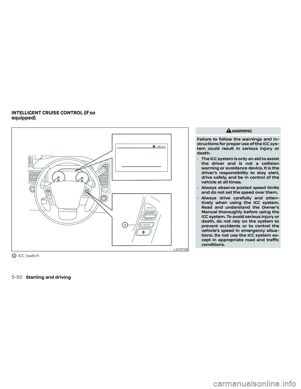 NISSAN TITAN 2023 Owners Manual OAICC switch
WARNING
Failure to follow the warnings and in-
structions for proper use of the ICC sys-
tem could result in serious injury or
death.
• The ICC system is only an aid to assist
the drive NISSAN TITAN 2023 Owners Manual OAICC switch
WARNING
Failure to follow the warnings and in-
structions for proper use of the ICC sys-
tem could result in serious injury or
death.
• The ICC system is only an aid to assist
the drive