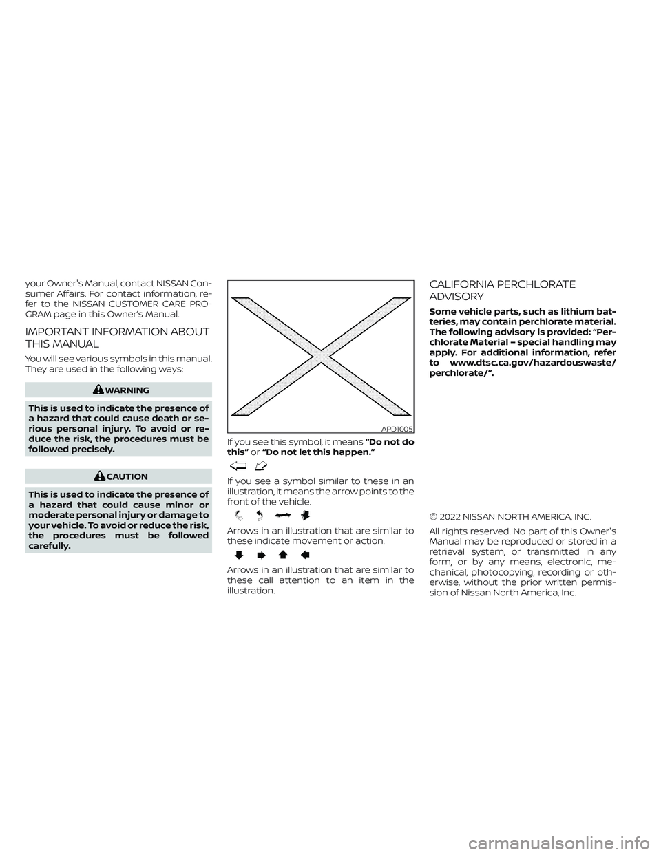 NISSAN TITAN 2023  Owners Manual your Owner's Manual, contact NISSAN Con-
sumer Affairs. For contact information, re-
fer to the NISSAN CUSTOMER CARE PRO-
GRAM page in this Owner’s Manual.
IMPORTANT INFORMATION ABOUT
THIS MANUA