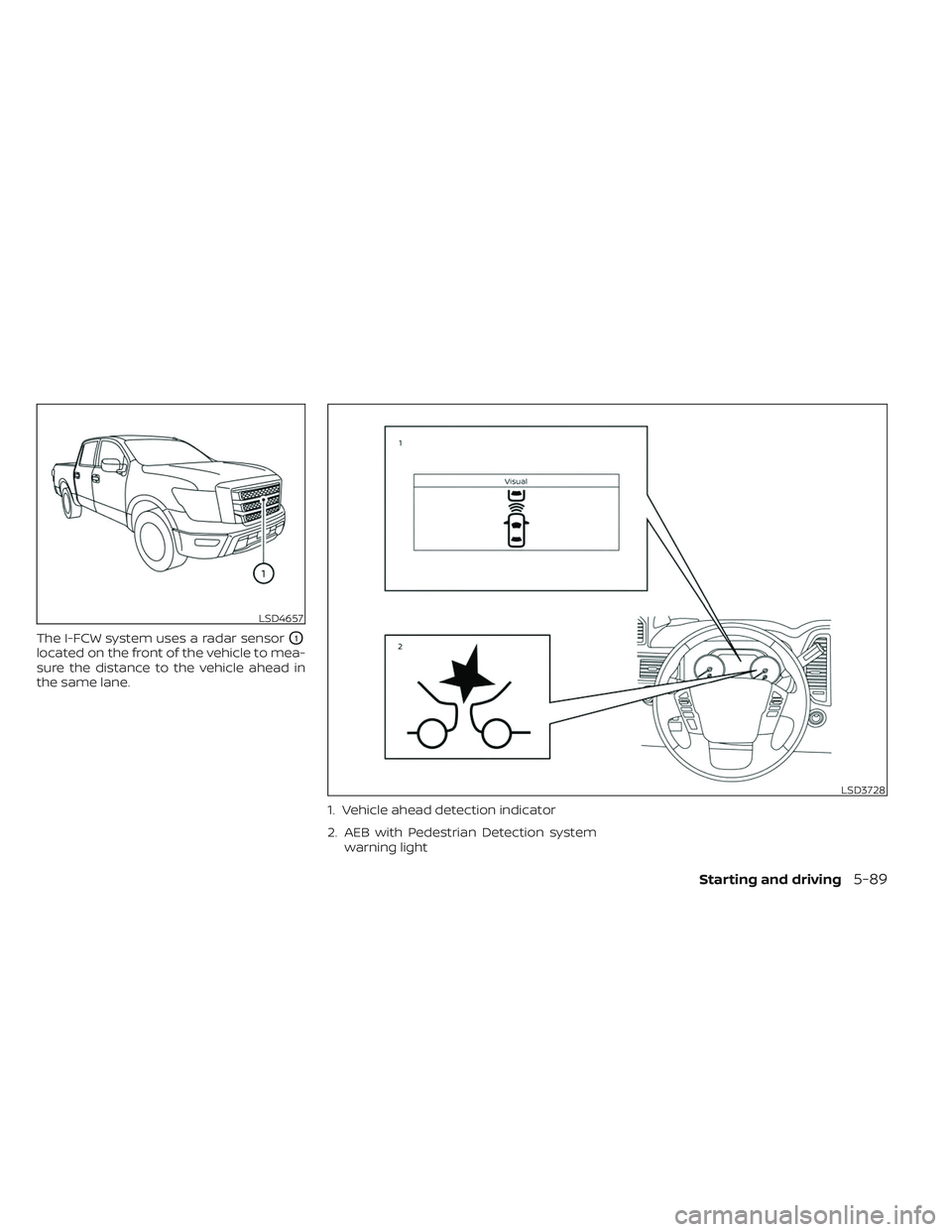 NISSAN TITAN 2023  Owners Manual The I-FCW system uses a radar sensorO1
located on the front of the vehicle to mea-
sure the distance to the vehicle ahead in
the same lane.1. Vehicle ahead detection indicator
2. AEB with Pedestrian D