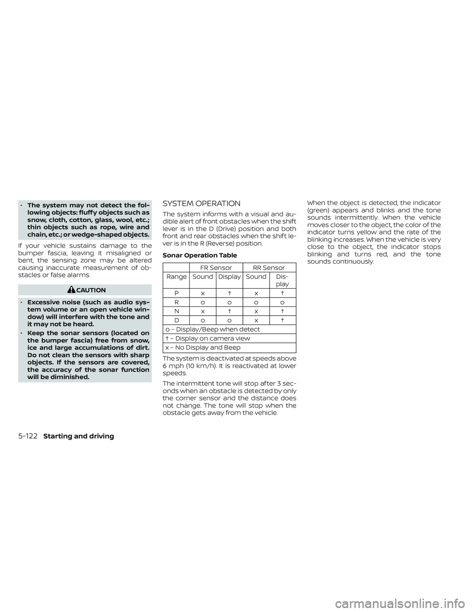 NISSAN TITAN 2023 Owners Manual •The system may not detect the fol-
lowing objects: fluff y objects such as
snow, cloth, cotton, glass, wool, etc.;
thin objects such as rope, wire and
chain, etc.; or wedge-shaped objects.
If your NISSAN TITAN 2023 Owners Manual •The system may not detect the fol-
lowing objects: fluff y objects such as
snow, cloth, cotton, glass, wool, etc.;
thin objects such as rope, wire and
chain, etc.; or wedge-shaped objects.
If your
