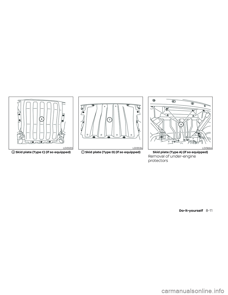 NISSAN TITAN 2023 Owners Manual Removal of under-engine
protectors
LDI3533
O6Skid plate (Type C) (if so equipped)
LDI3534
O7Skid plate (Type D) (if so equipped)
LDI3664
Skid plate (Type A) (if so equipped)
Do-it-yourself8-11 NISSAN TITAN 2023 Owners Manual Removal of under-engine
protectors
LDI3533
O6Skid plate (Type C) (if so equipped)
LDI3534
O7Skid plate (Type D) (if so equipped)
LDI3664
Skid plate (Type A) (if so equipped)
Do-it-yourself8-11