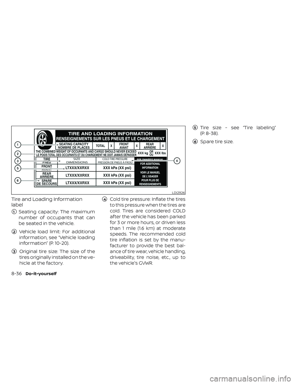 NISSAN TITAN 2023  Owners Manual Tire and Loading Information
label
1Seating capacity: The maximum
number of occupants that can
be seated in the vehicle.
2Vehicle load limit: For additional
information, see “Vehicle loading
infor