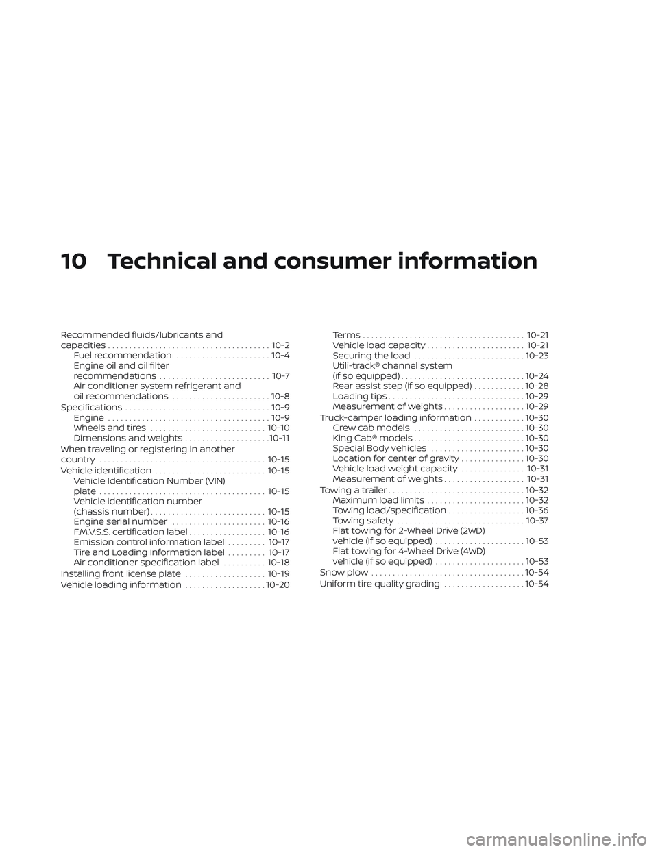 NISSAN TITAN 2023 Owners Manual 10 Technical and consumer information
Recommended fluids/lubricants and
capacities...................................... 10-2
Fuel recommendation ......................10-4
Engine oil and oil filter
r NISSAN TITAN 2023 Owners Manual 10 Technical and consumer information
Recommended fluids/lubricants and
capacities...................................... 10-2
Fuel recommendation ......................10-4
Engine oil and oil filter
r