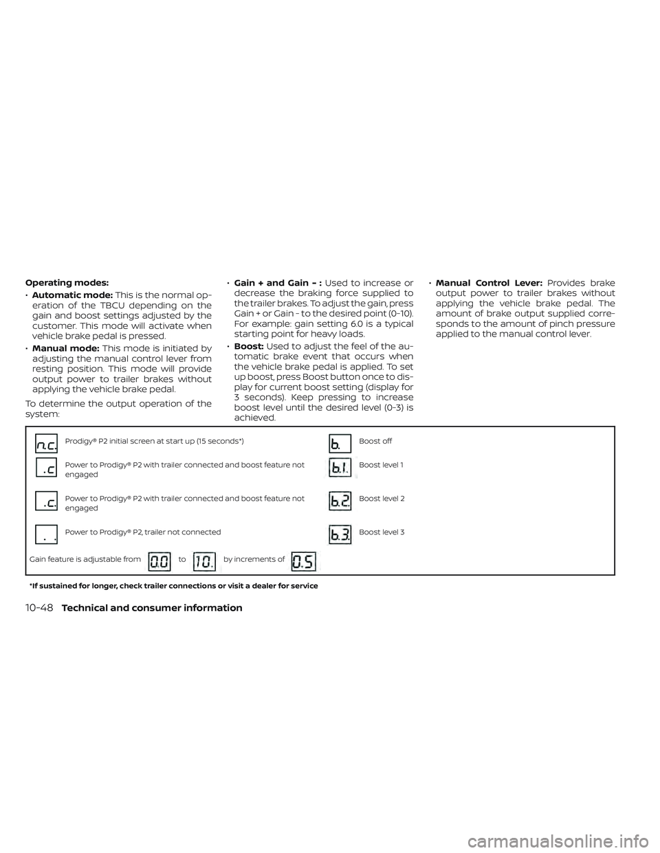 NISSAN TITAN 2023  Owners Manual Operating modes:
•Automatic mode: This is the normal op-
eration of the TBCU depending on the
gain and boost settings adjusted by the
customer. This mode will activate when
vehicle brake pedal is pr