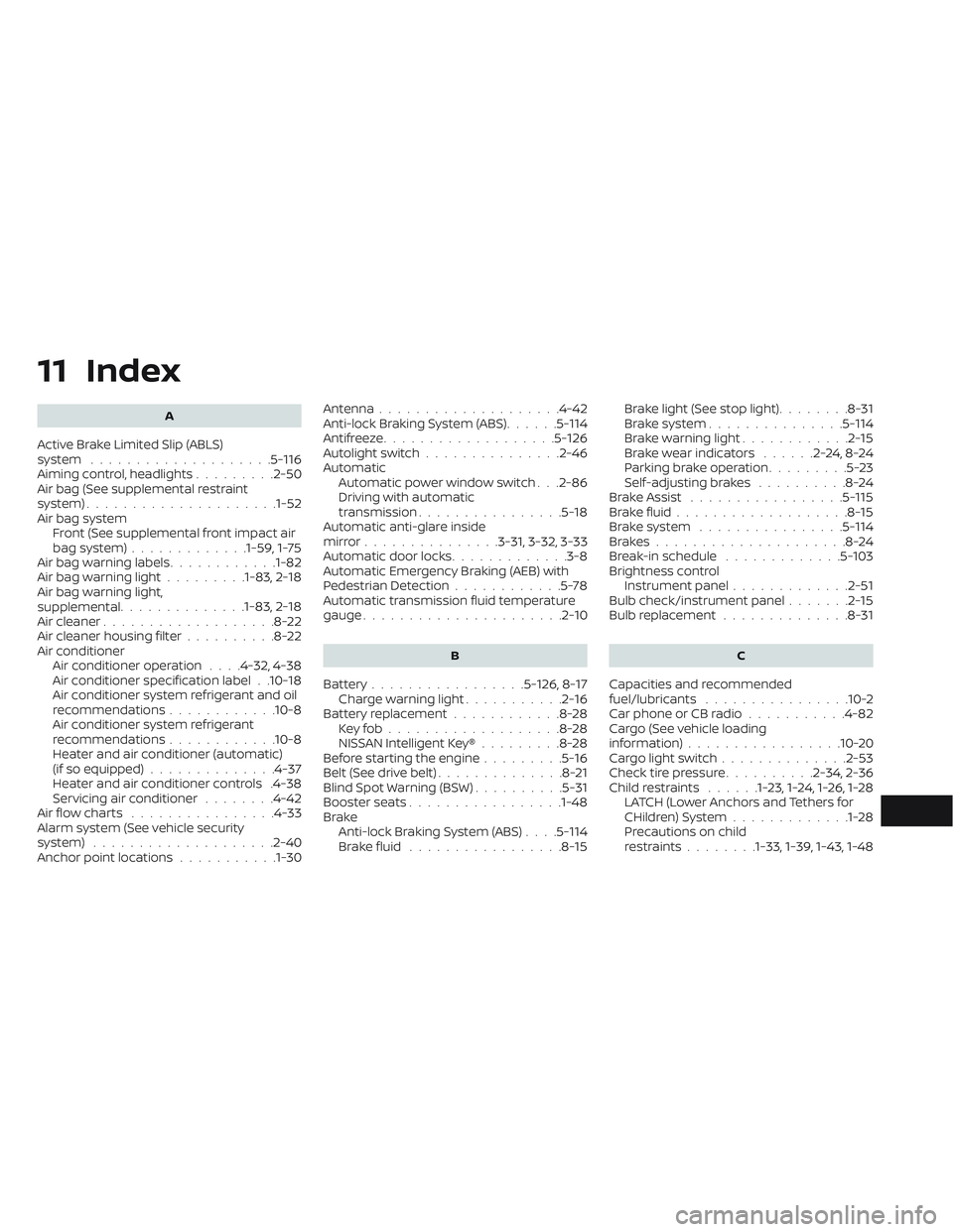 NISSAN TITAN 2023  Owners Manual 11 Index
A
Active Brake Limited Slip (ABLS)
system....................5-116Aiming control, headlights.........2-50Air bag (See supplemental restraint
system).....................1-52Air bag system
Fro