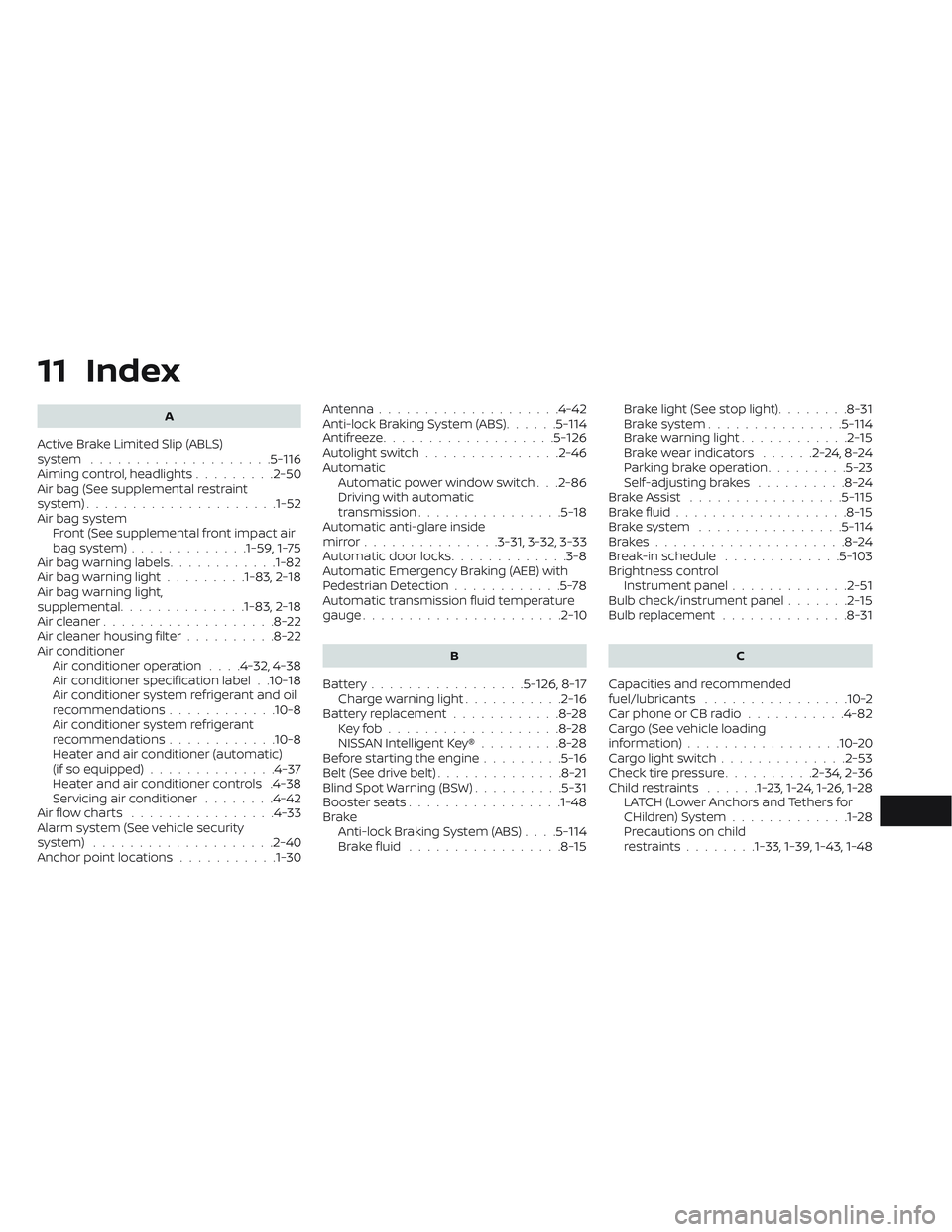 NISSAN TITAN 2023  Owners Manual 11 Index
A
Active Brake Limited Slip (ABLS)
system....................5-116Aiming control, headlights.........2-50Air bag (See supplemental restraint
system).....................1-52Air bag system
Fro