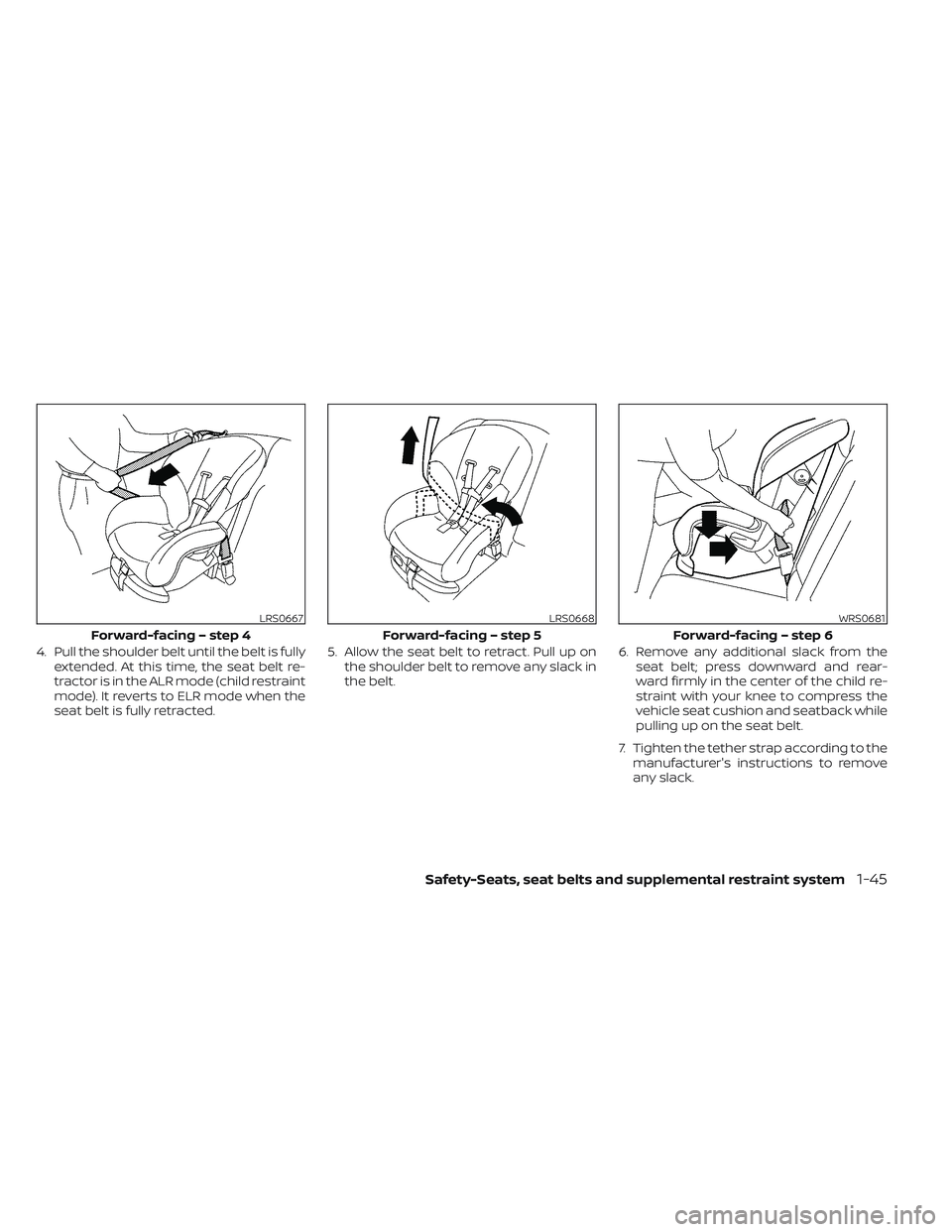 NISSAN TITAN 2023 Repair Manual 4. Pull the shoulder belt until the belt is fullyextended. At this time, the seat belt re-
tractor is in the ALR mode (child restraint
mode). It reverts to ELR mode when the
seat belt is fully retract