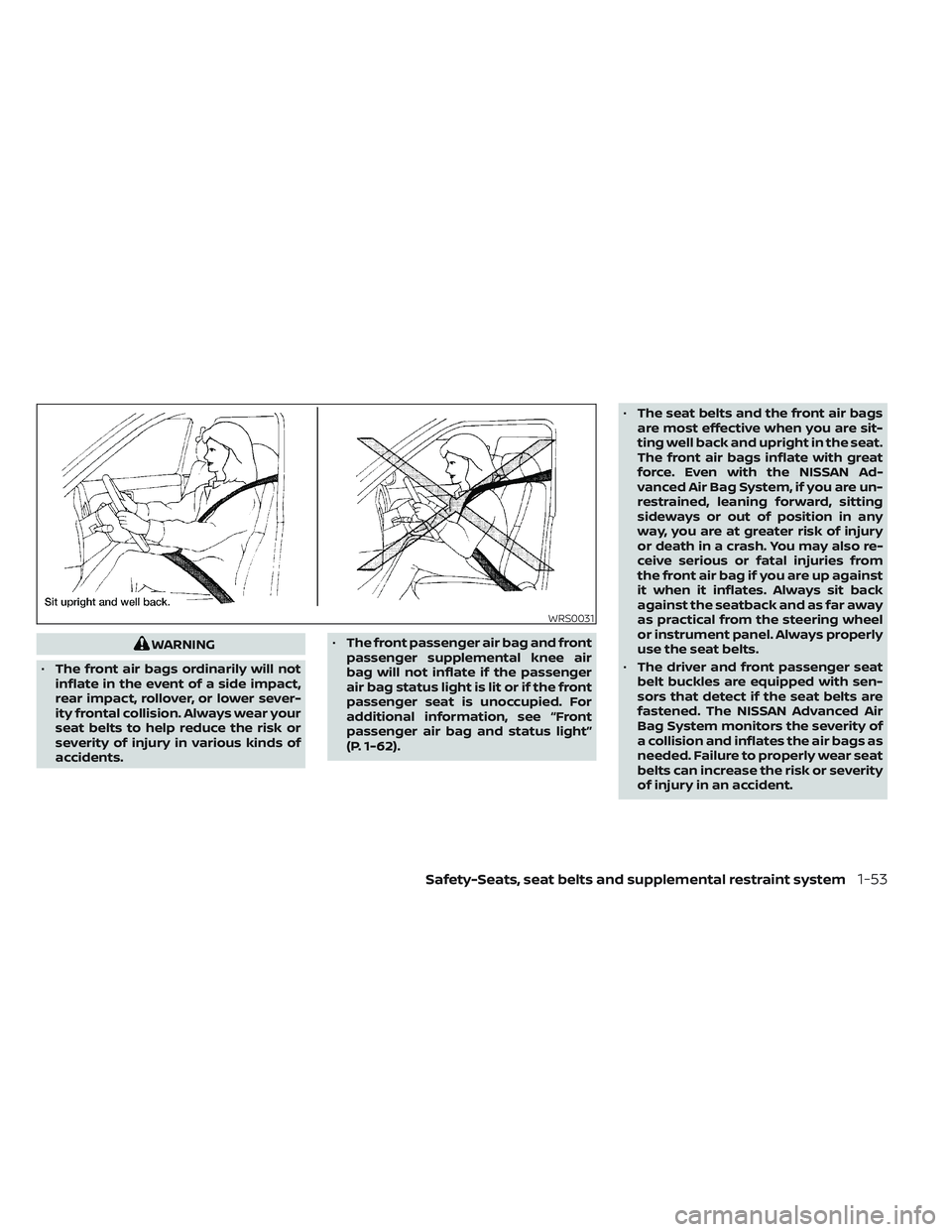 NISSAN TITAN 2023 Manual PDF WARNING
• The front air bags ordinarily will not
inflate in the event of a side impact,
rear impact, rollover, or lower sever-
ity frontal collision. Always wear your
seat belts to help reduce the r