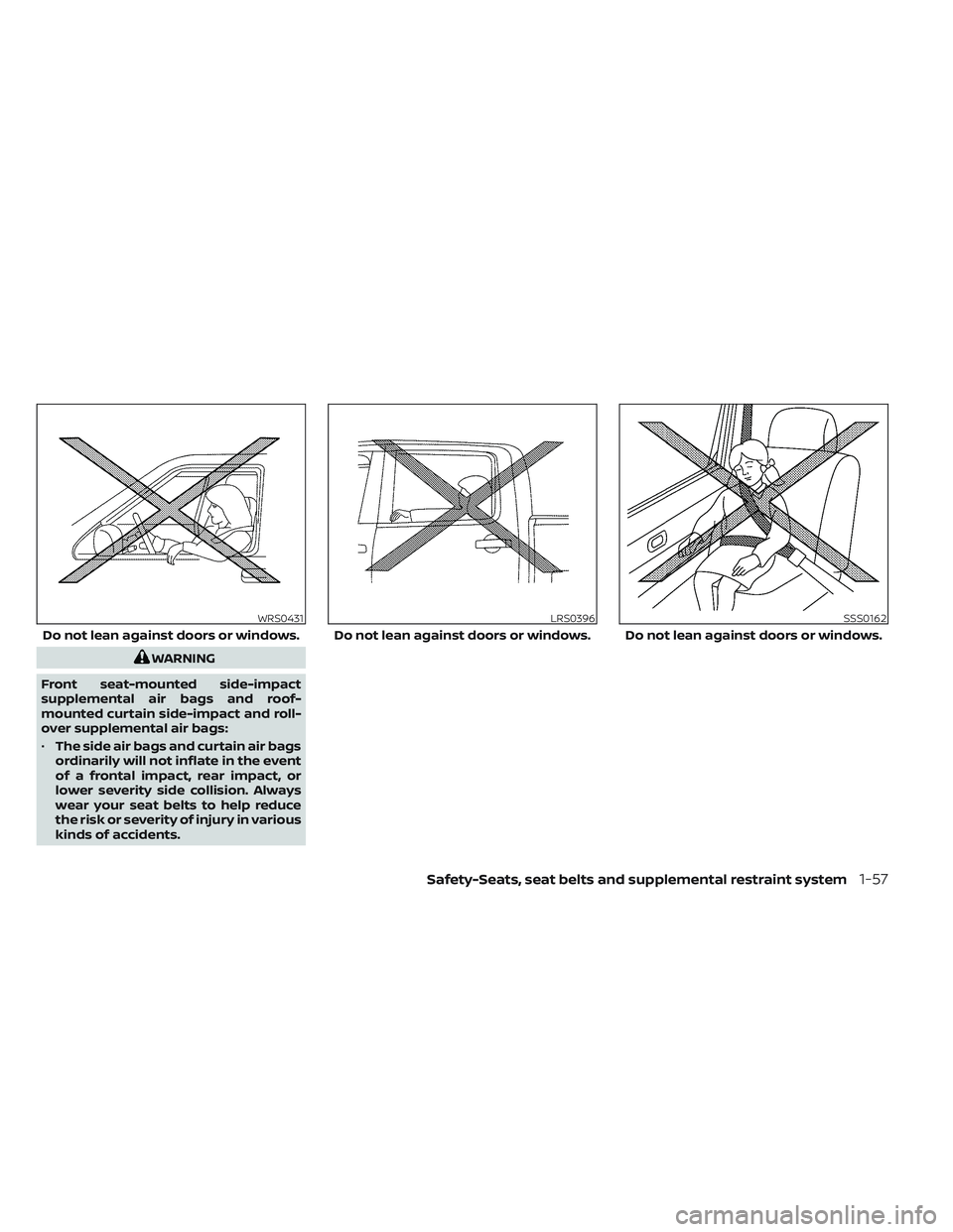 NISSAN TITAN 2023 Manual PDF WARNING
Front seat-mounted side-impact
supplemental air bags and roof-
mounted curtain side-impact and roll-
over supplemental air bags:
• The side air bags and curtain air bags
ordinarily will not 