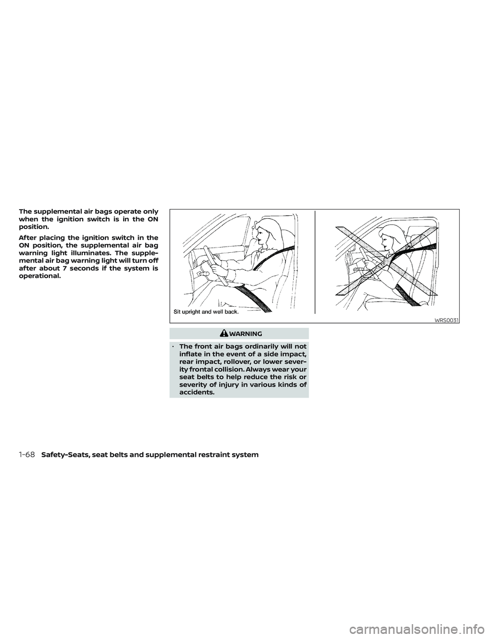 NISSAN TITAN 2023 Manual Online The supplemental air bags operate only
when the ignition switch is in the ON
position.
Af ter placing the ignition switch in the
ON position, the supplemental air bag
warning light illuminates. The su