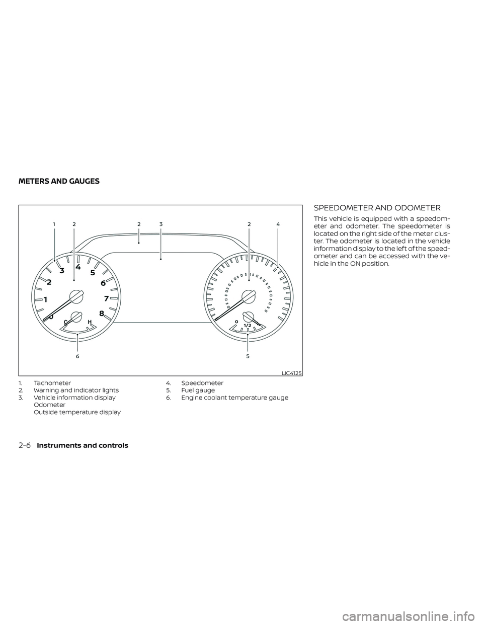 NISSAN TITAN 2022  Owners Manual 1. Tachometer
2. Warning and indicator lights
3. Vehicle information displayOdometer
Outside temperature display 4. Speedometer
5. Fuel gauge
6. Engine coolant temperature gauge
SPEEDOMETER AND ODOMET