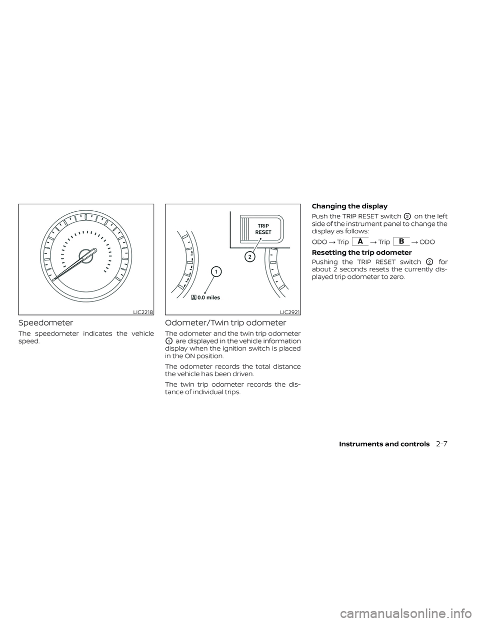NISSAN TITAN 2022  Owners Manual Speedometer
The speedometer indicates the vehicle
speed.
Odometer/Twin trip odometer
The odometer and the twin trip odometer
O1are displayed in the vehicle information
display when the ignition switch