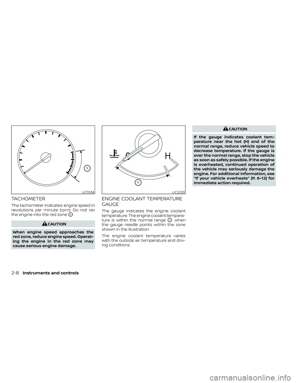 NISSAN TITAN 2022  Owners Manual TACHOMETER
The tachometer indicates engine speed in
revolutions per minute (rpm). Do not rev
the engine into the red zone
O1.
CAUTION
When engine speed approaches the
red zone, reduce engine speed. Op